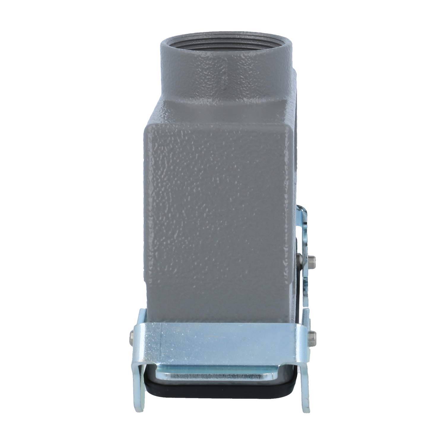 Ein rechteckiges graues industrielles Anschlussgehäuse mit einem verschraubbaren Deckel und einem Metallklemmmechanismus im unteren Bereich.