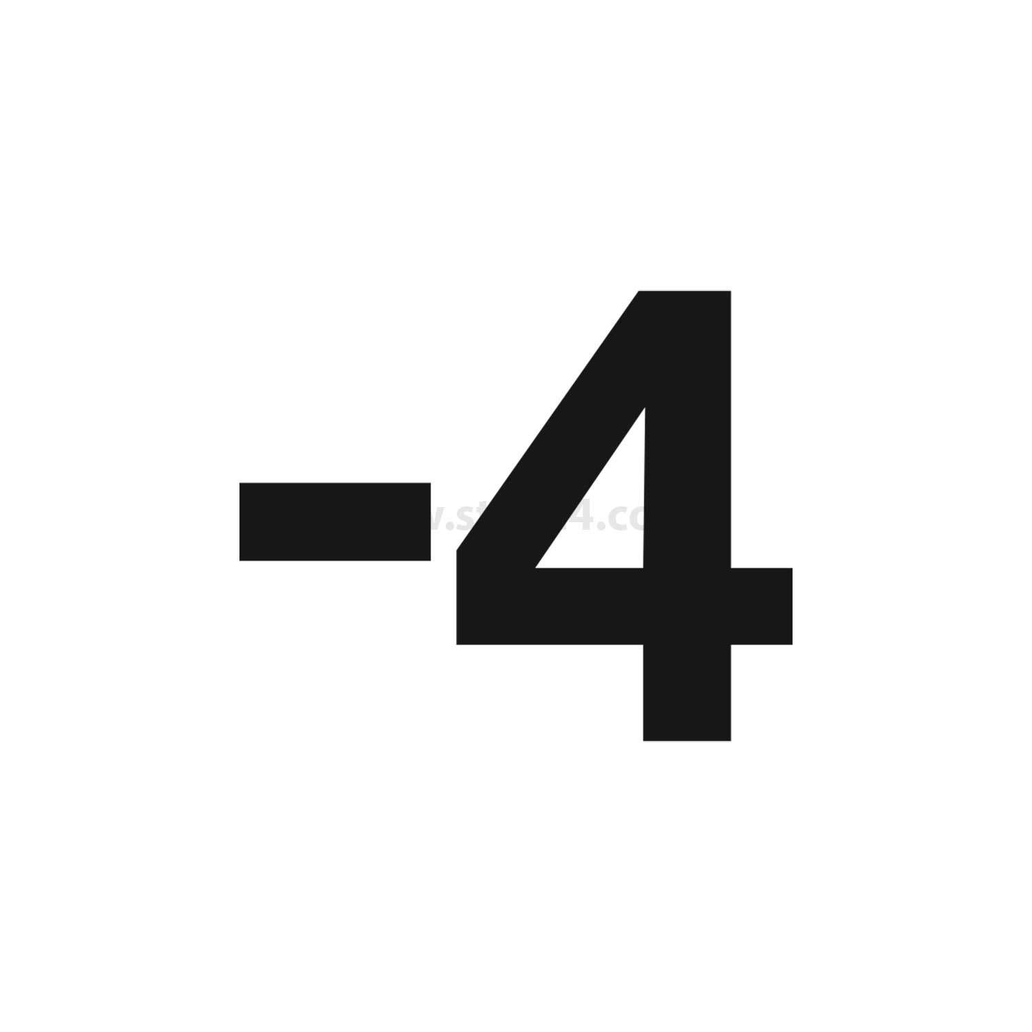 Das Bild zeigt die Zahl negative vier, dargestellt als '-4', in fetter schwarzer Schrift auf weißem Hintergrund.