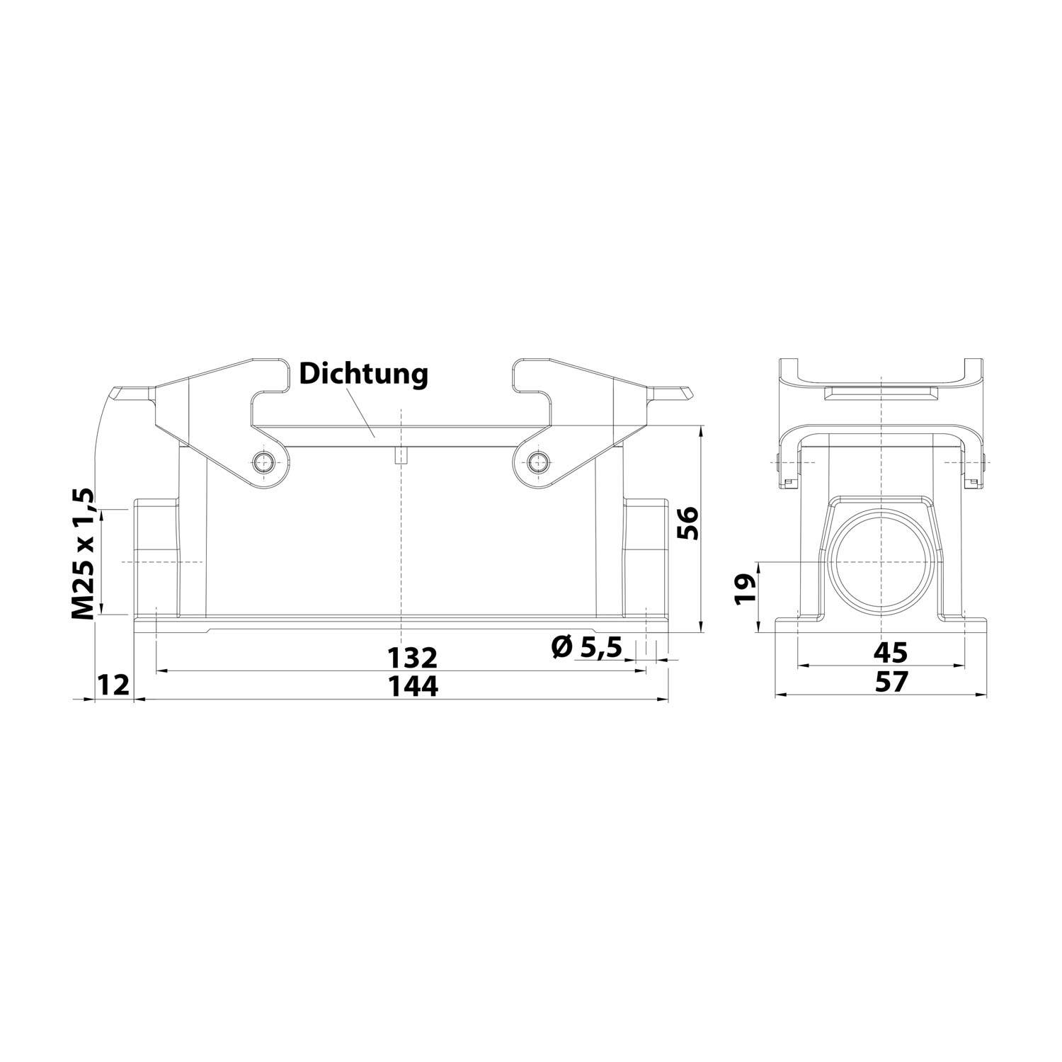 04300241263 HARTING Han 24B Sockelgehäuse niedrig, 1xM25 seitlicher Kabelabgang, mit 2 Querbügeln Verschraubung M25