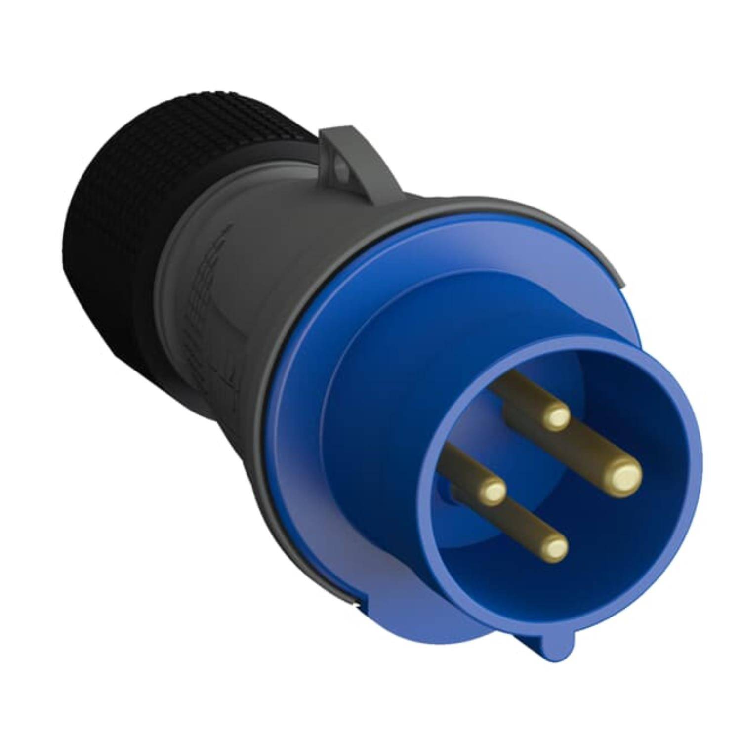 Ein blauer industrieller elektrischer Stecker mit drei Messingbolzen und einem schwarzen Gehäuse, der für Hochleistungsverbindungen in robuster Anwendung konzipiert ist.