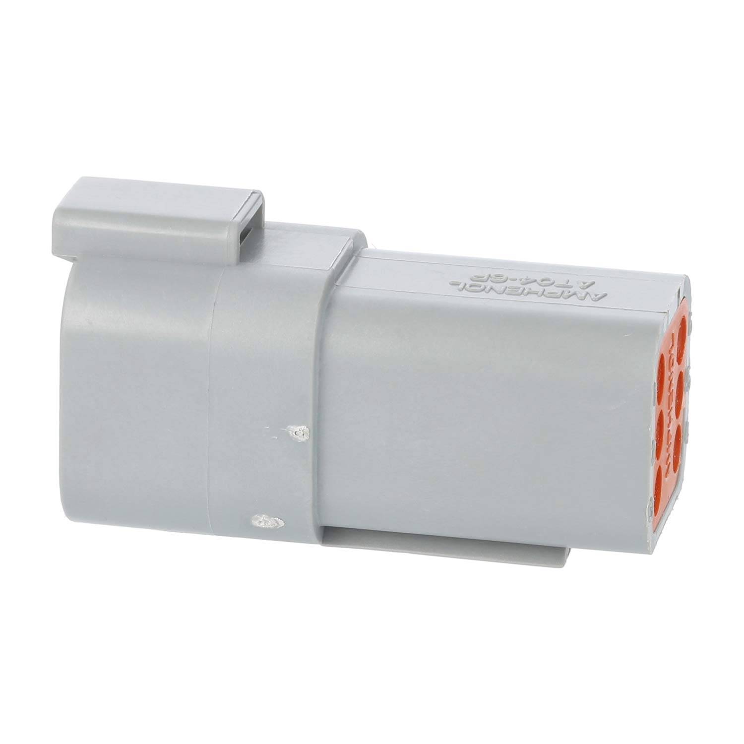 Ein grauer elektrischer Steckverbinder mit rechteckiger Form und mehreren kleinen kreisförmigen Anschlüssen für Kabel, der häufig in der Automobilindustrie verwendet wird.