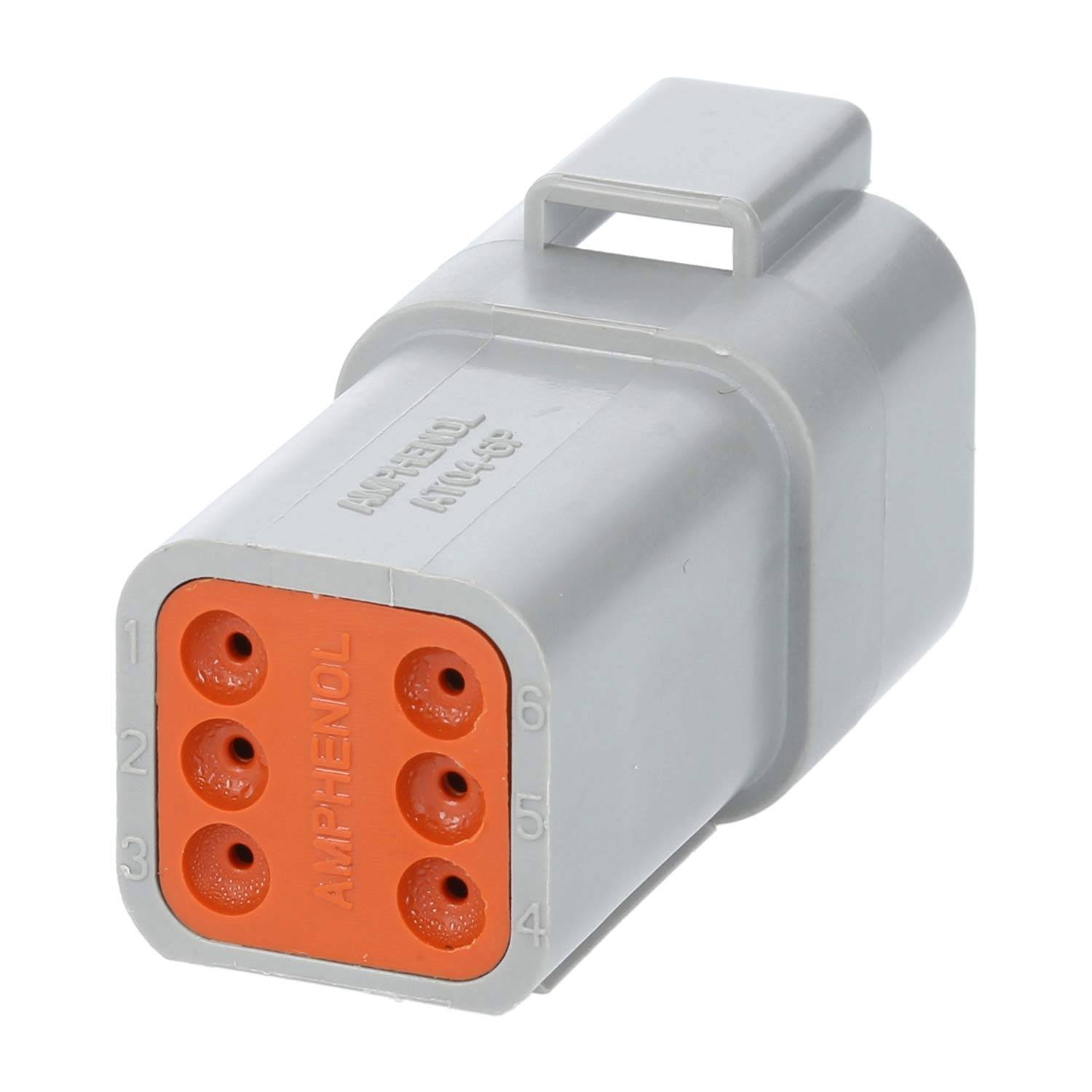 Ein grauer und orangefarbener rechteckiger elektrischer Stecker mit fünf kreisrunden Anschlüssen, der für Verdrahtungsverbindungen verwendet wird.