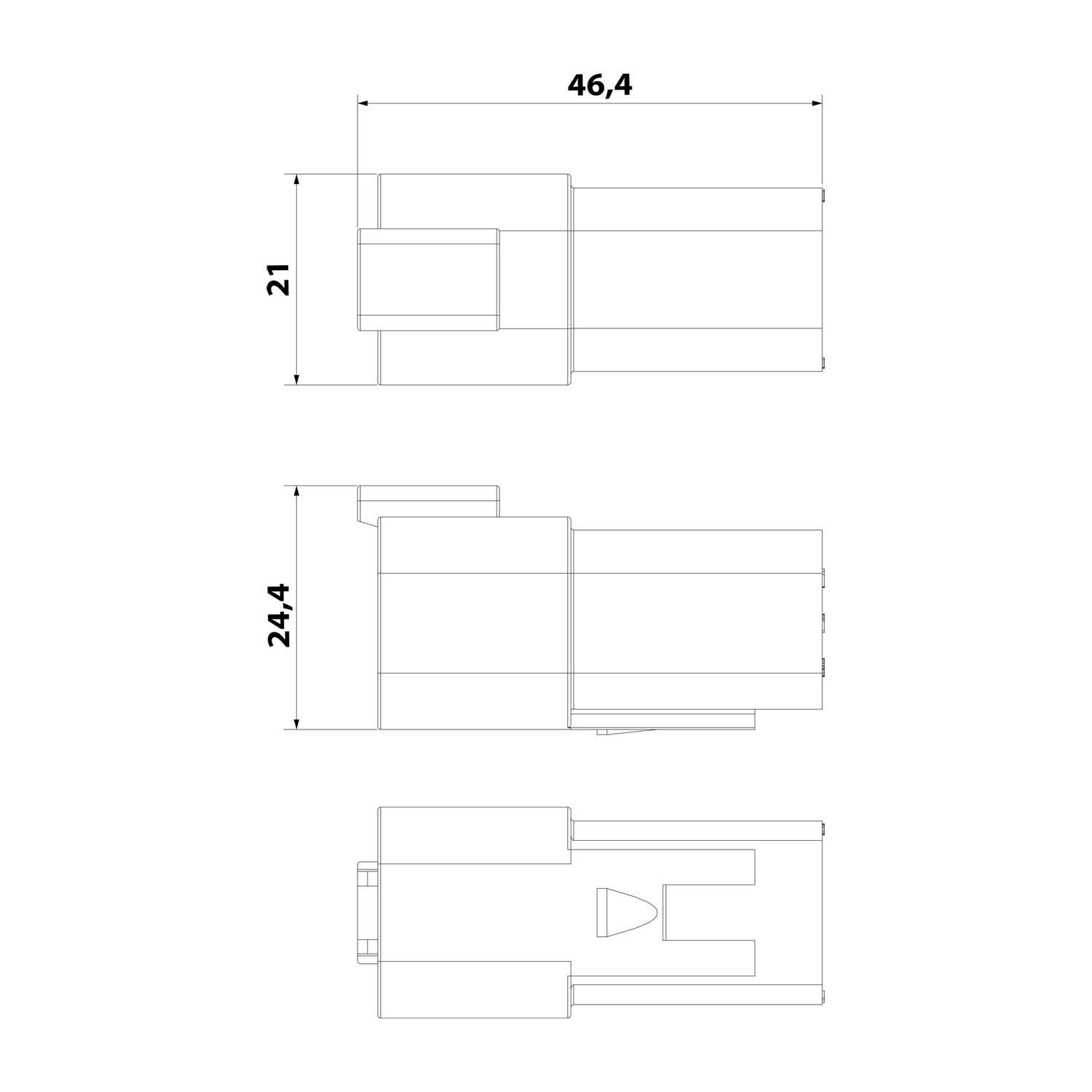 Technische Zeichnung eines Verbinders mit Abmessungen: Länge 46,4 mm, Breite 21 mm und Höhe 24,4 mm. Drei Ansichten dargestellt.