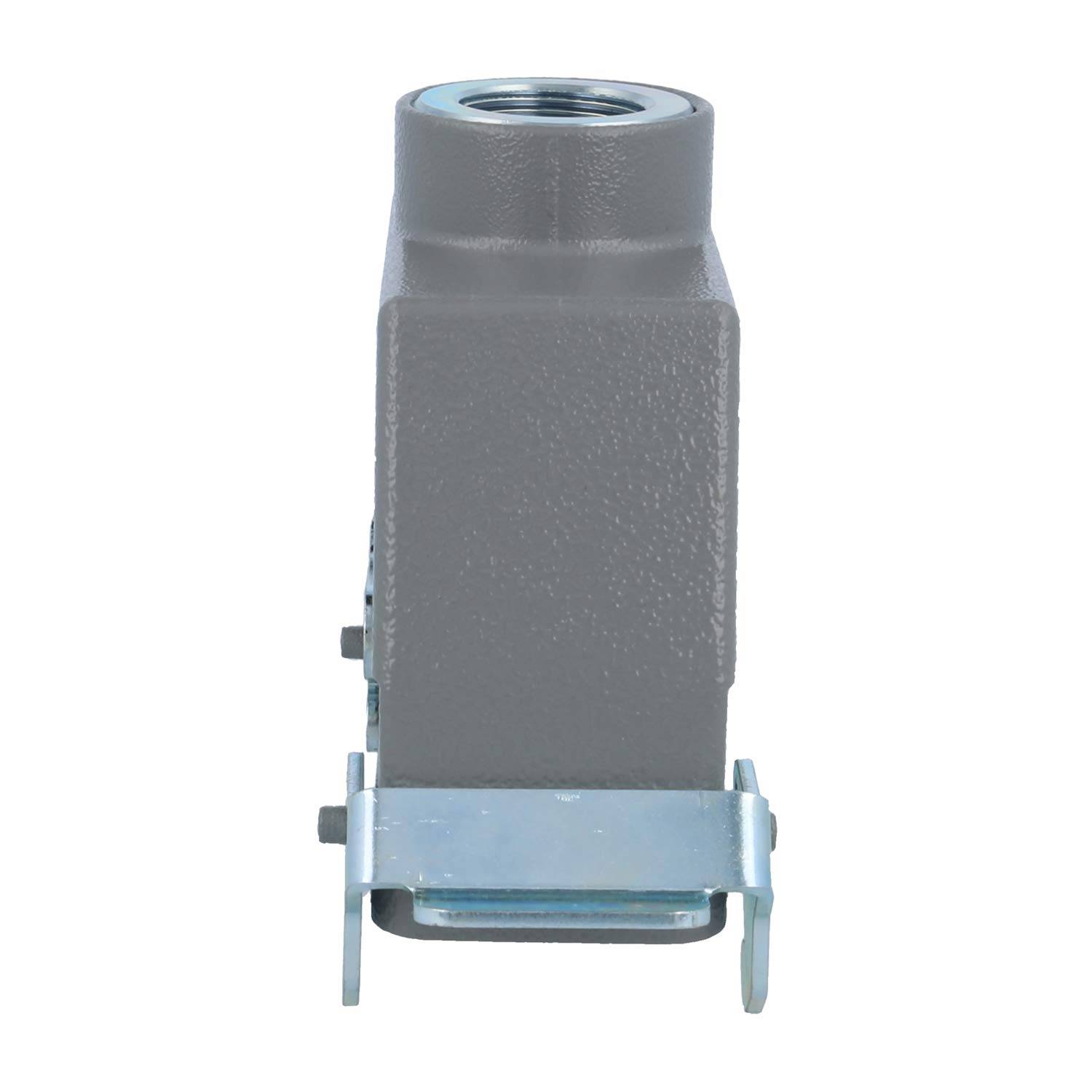 Rechteckiger grauer Metallblock mit einer kreisförmigen Öffnung an der Oberseite, montiert auf einer flachen Metallbasis mit einer Klammer auf jeder Seite.