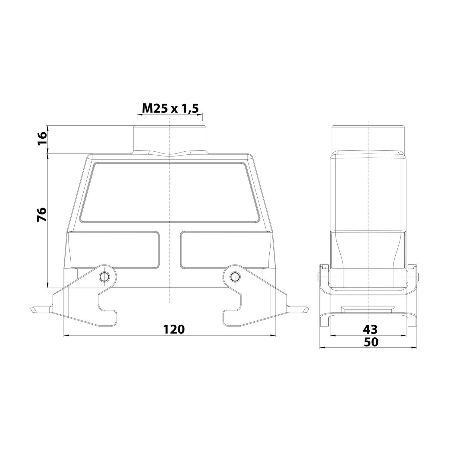 04300240464 HARTING Han 24B Tüllengehäuse hoch, 1xM25 gerader Kabelabgang, mit 2 Querbügeln Verschraubung M25