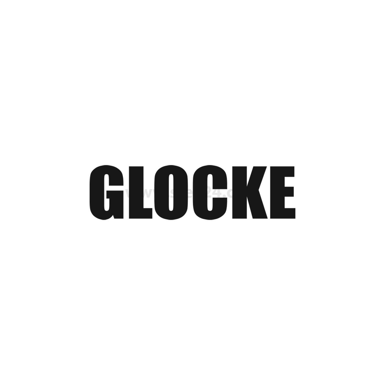 Das Bild zeigt das Wort 'GLOCKE' in fetter, schwarzer Großbuchschrift vor einem einfarbigen weißen Hintergrund.