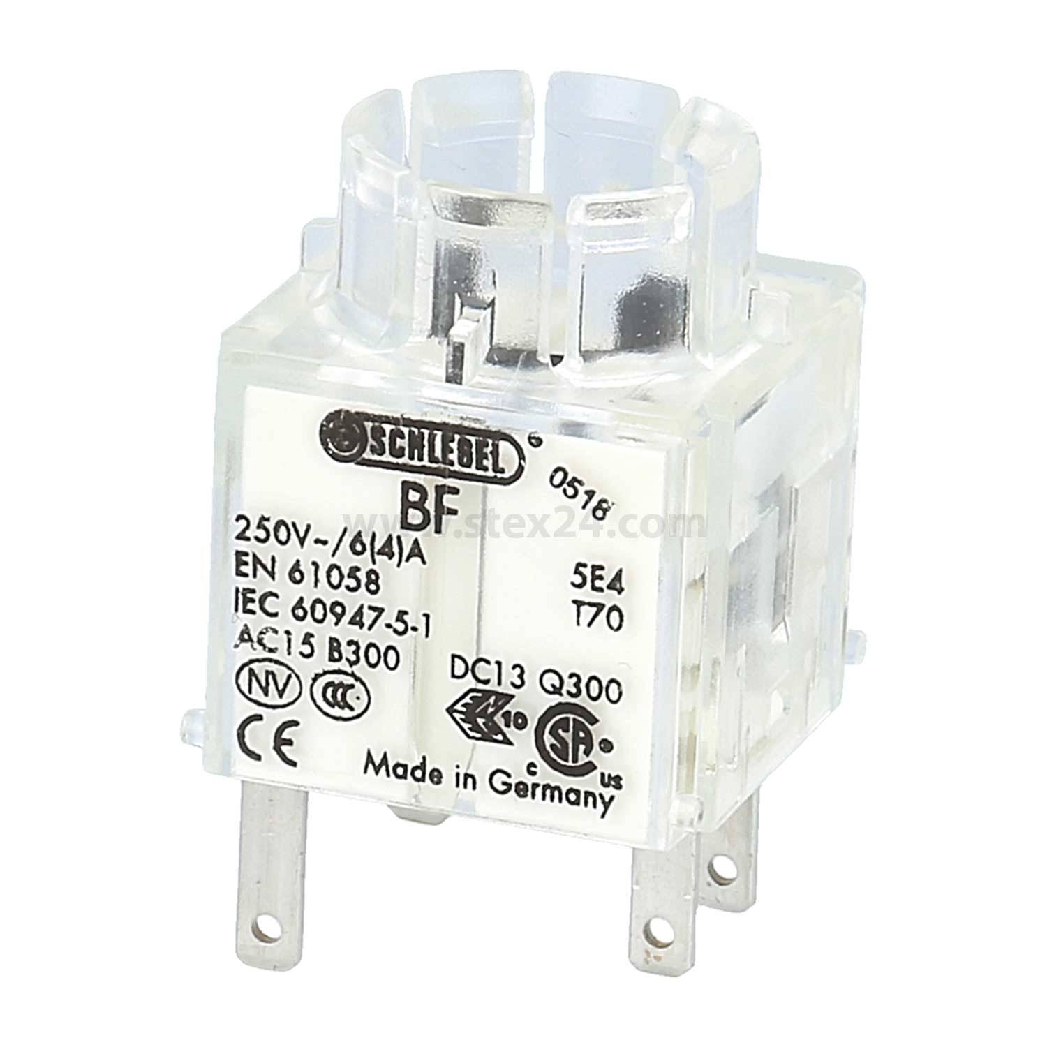 Ein transparenter elektrischer Relais mit Beschriftung der Spezifikationen: 'Schlebel BF', 250V, 16A, hergestellt in Deutschland, mit vier Anschlusspins.