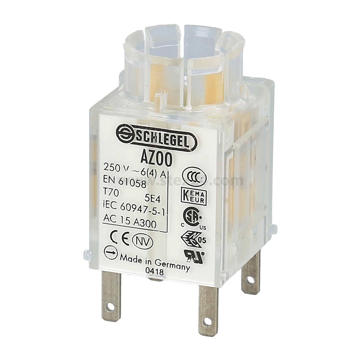 Ein transparenter Schlegel AZ00 Relais, gekennzeichnet mit Spezifikationen: 250V, 6(4)A, EN 61058, für elektrische Geräte, hergestellt in Deutschland.