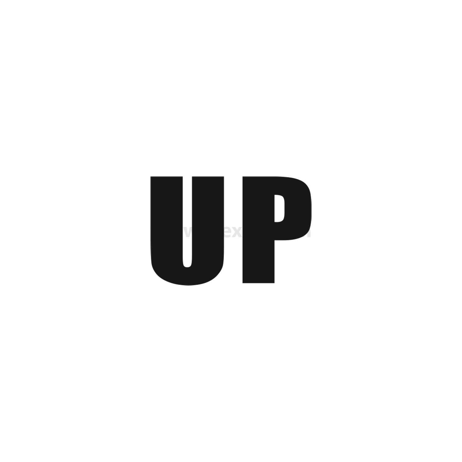 Das Bild zeigt das Wort 'UP' in fetten, großen schwarzen Buchstaben, zentriert auf einem weißen Hintergrund.