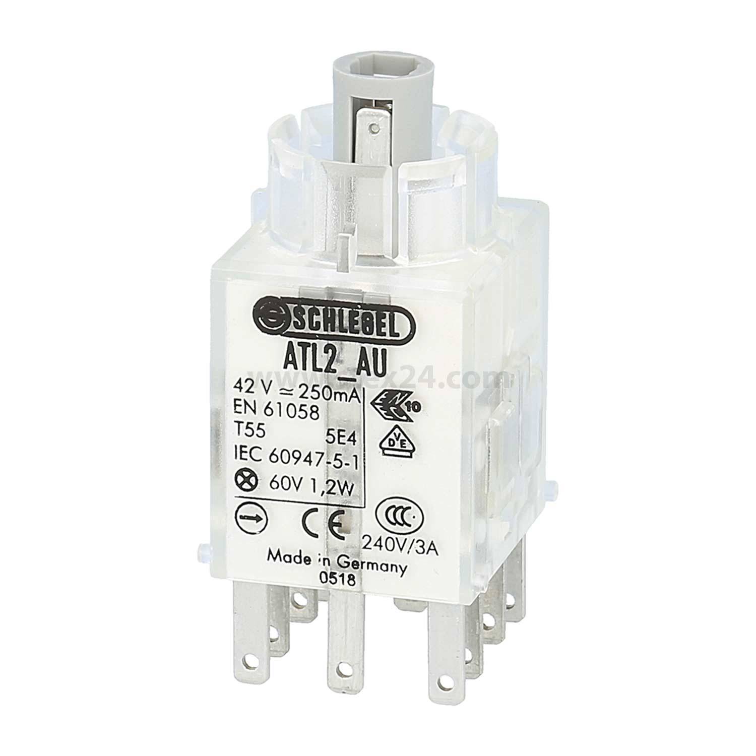 Ein weißes Schlegel ATL2_AU beleuchtetes Drucktastenmodul, das Spezifikationen wie Spannungs- und Stromwerte zeigt, hergestellt in Deutschland.