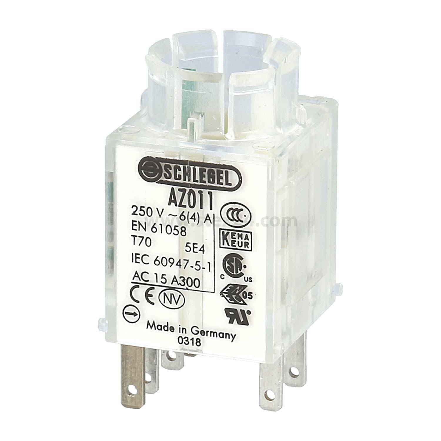 Ein industrielles Relais mit vier Pins, gekennzeichnet als AZ011, mit einer Nennspannung von 250V, versehen mit Konformitätslogos und als Herkunftsland Deutschland angegeben.