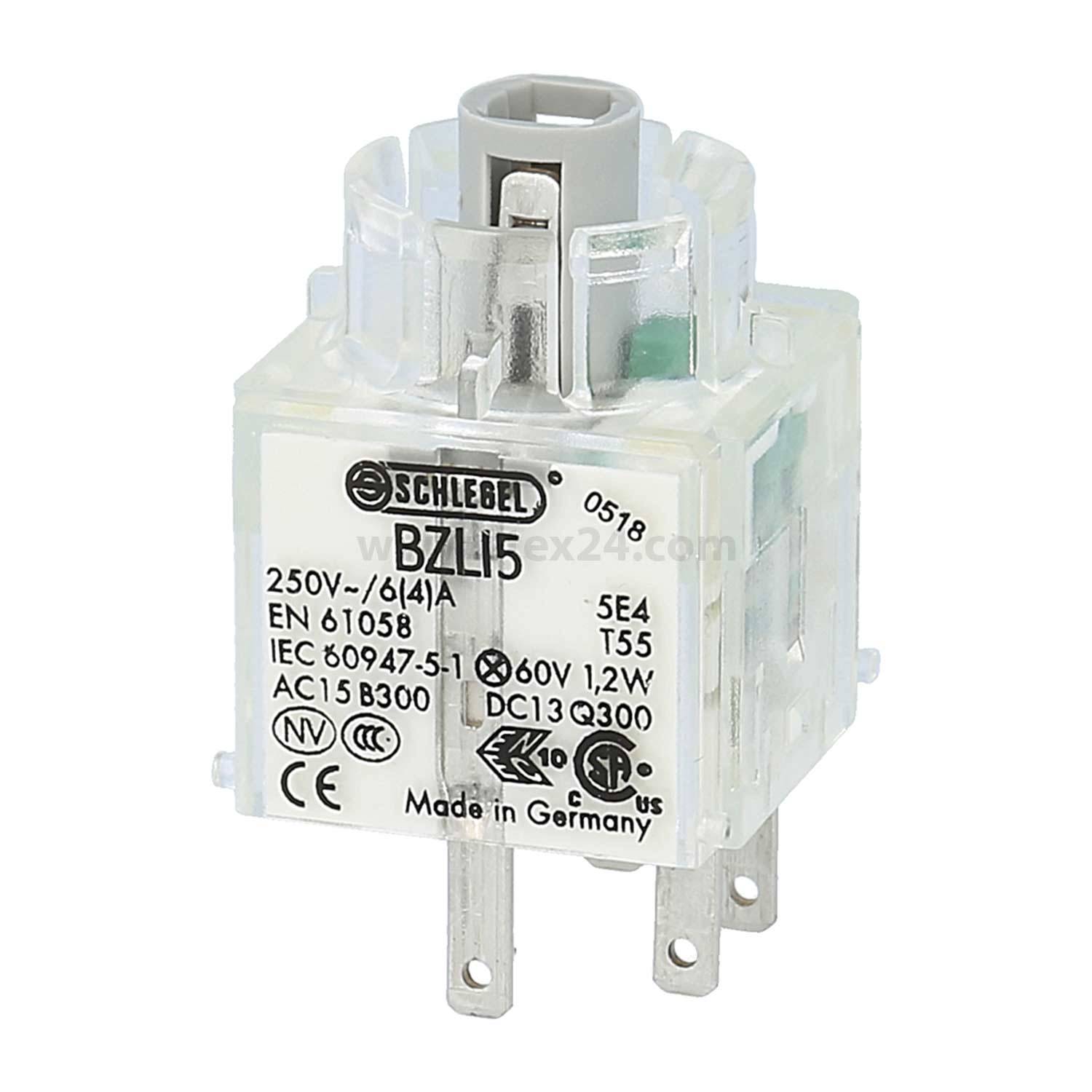 Ein transluzenter Elektruschalter mit Metallstiften, beschriftet mit ‚SCHLEGEL BZL15', der Spannungsspezifikationen und Zertifizierungen zeigt.