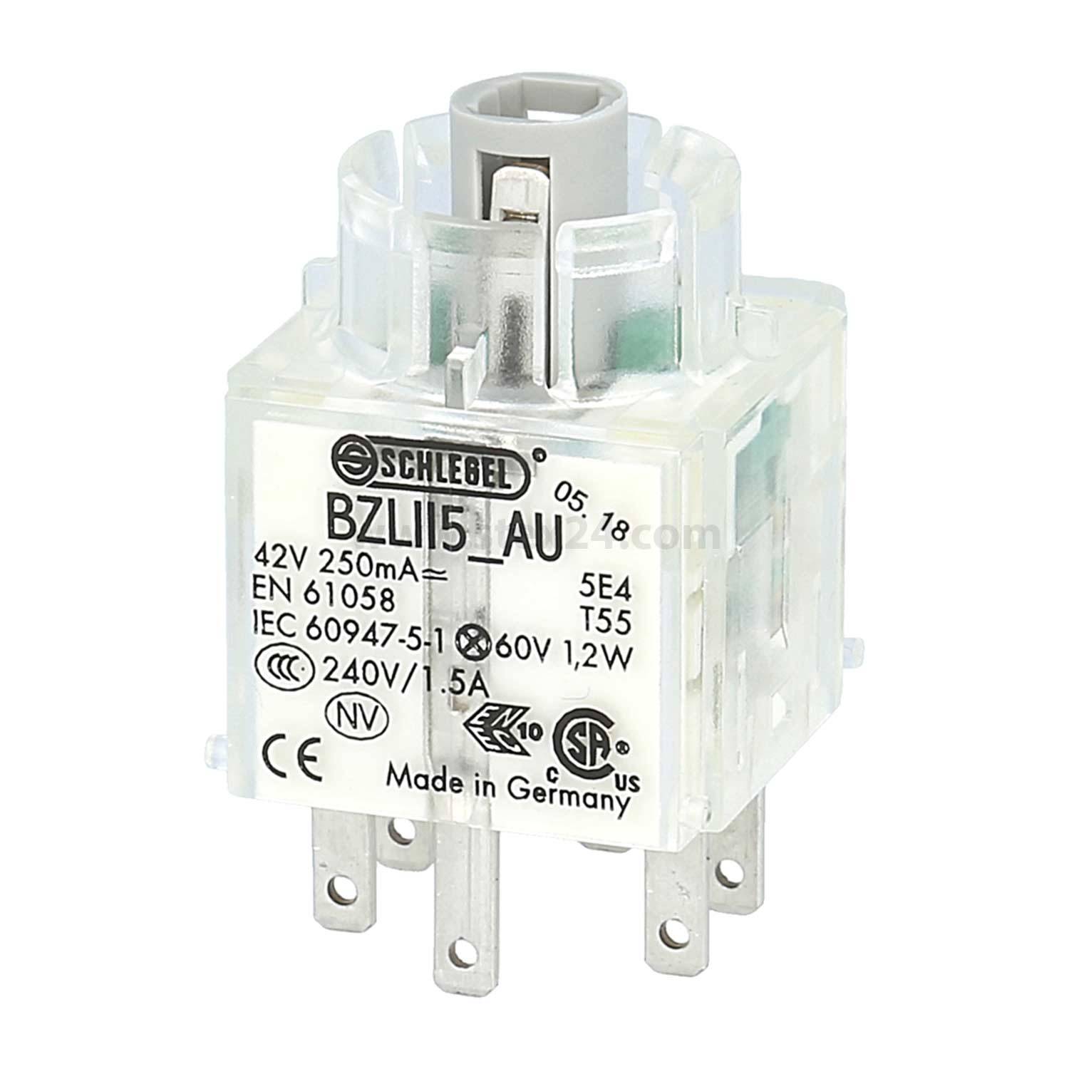 Schlebel BZLII5 AU' gekennzeichnete elektrische Komponente, die mehrere Anschlüsse und Spezifikationen für Spannung und Leistungsklasse präsentiert.