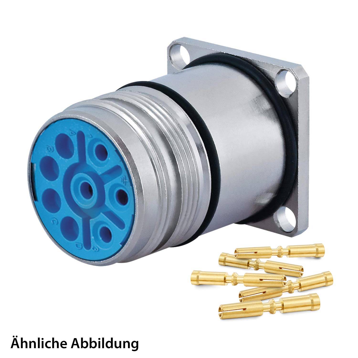 Ein zylindrischer Anschluss mit blauer Vorderseite und Metallgehäuse, versehen mit mehreren Buchsenöffnungen. Goldene Stifte werden separat dargestellt. Text: 'Ähnliche Abbildung'.