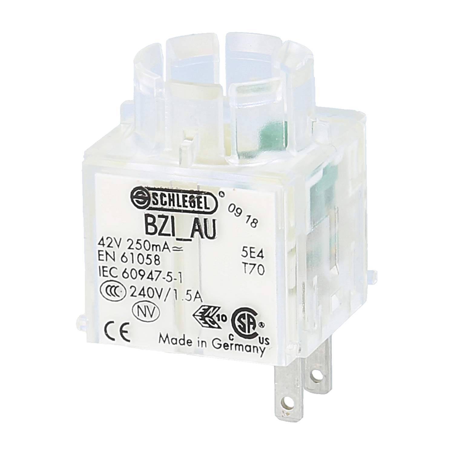 Ein transparenter Elektromagnetrelais mit der Bezeichnung 'SCHIELE BZ_1_AU', ausgelegt für 42V 250mA, mit verschiedenen Zertifizierungszeichen und dem Aufdruck 'Made in Germany'.