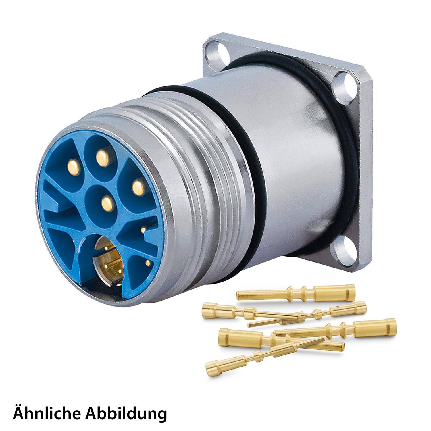 Ein kreisförmiger Metallverbinder mit mehreren Goldstiften und einem blauen Einsatz, dargestellt mit separaten Goldstiften in der Nähe.