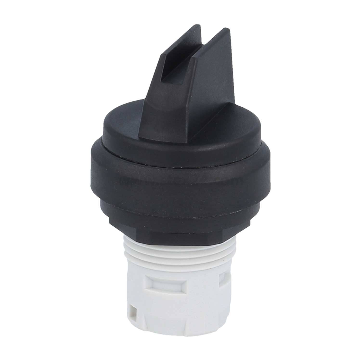 Ein schwarzer und weißer Kunststoffsensor mit geripptem Design, der eine rechteckige Öffnung an der Oberseite aufweist und wahrscheinlich für industrielle Anwendungen verwendet wird.