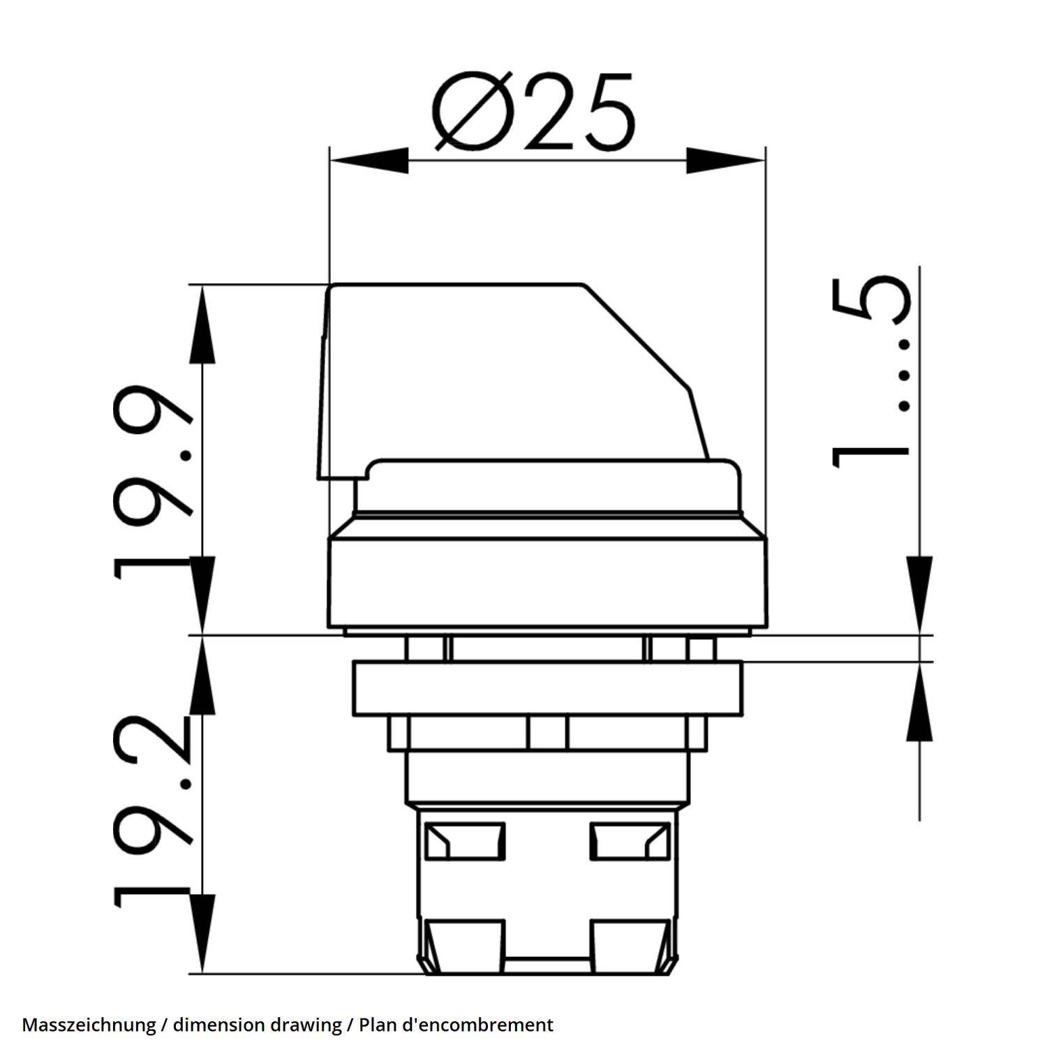 Diagramm eines Tastenschalters. Durchmesser beträgt 25 mm. Höhe ist einstellbar zwischen 1-5 mm. Zusätzliche Höhenmessungen: 19,2 mm und 6,9 mm.
