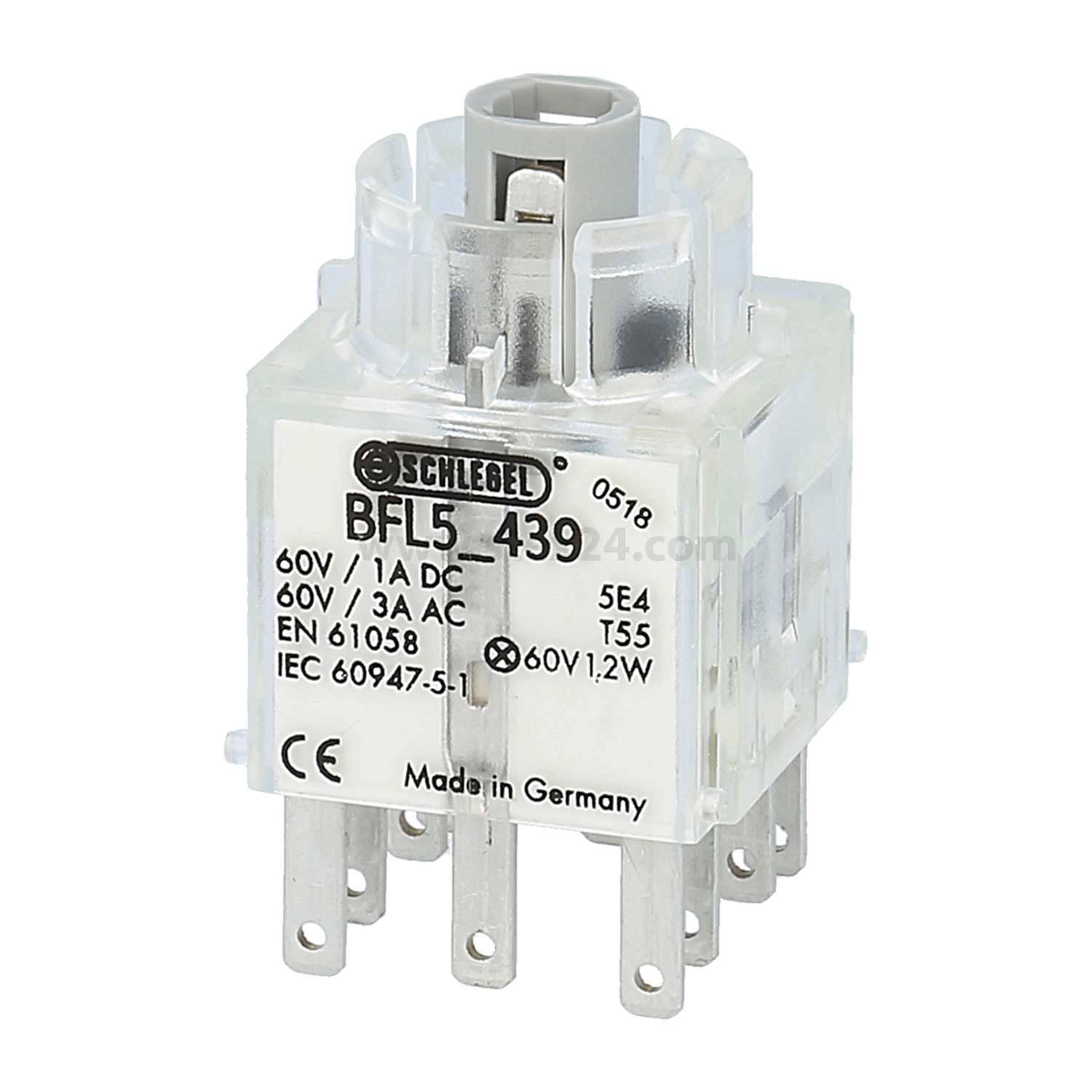 Eine transparente Schlegel-Elektrokomponente mit der Bezeichnung 'BFL5-439', ausgelegt für 60V, mit mehreren Metallpins und dem Aufdruck 'Made in Germany' am unteren Rand.