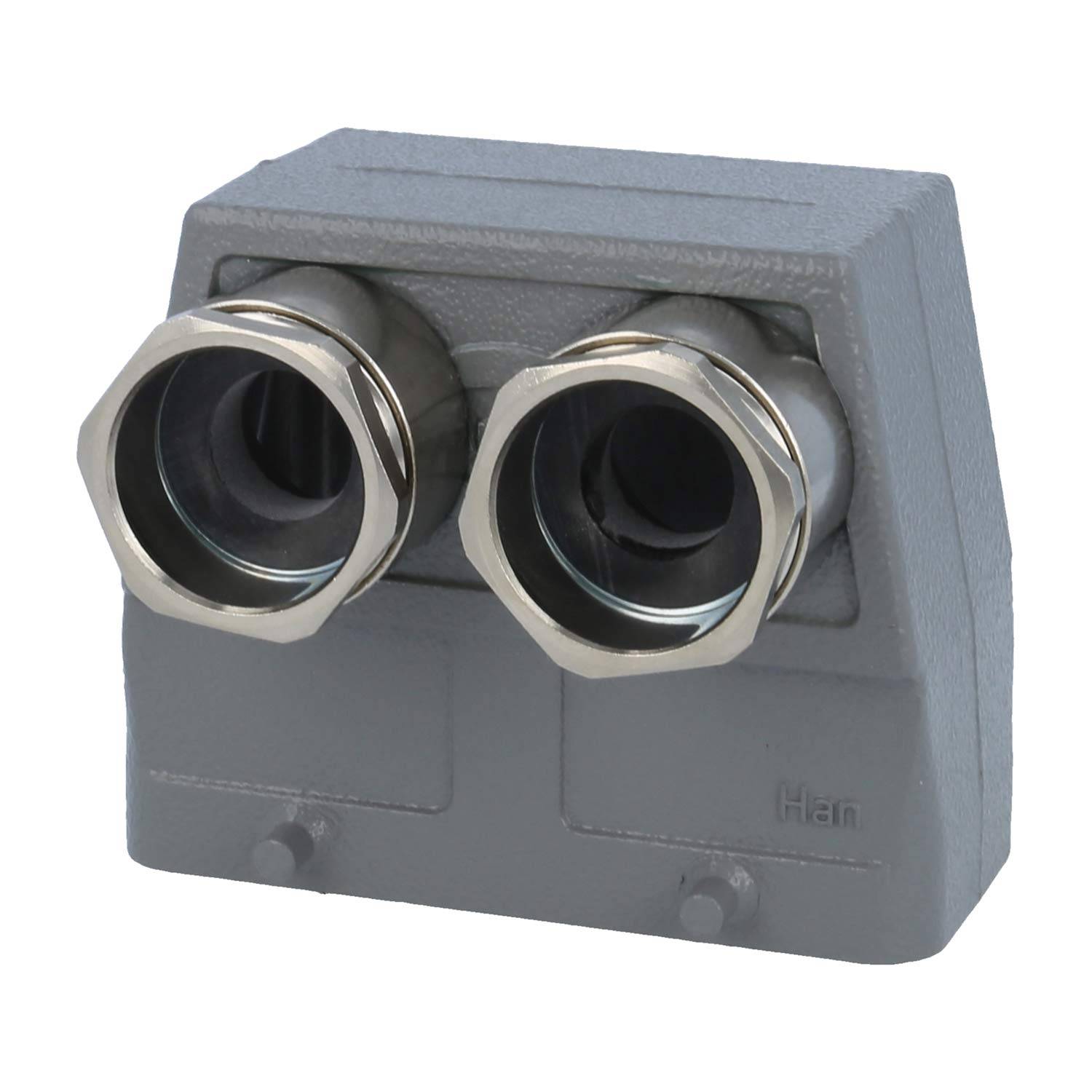 Ein Zwei-Port-Industrieverbindungsgehäuse aus grauem Metall, das entwickelt wurde, um eine robuste und zuverlässige Kabelverbindung zu gewährleisten.