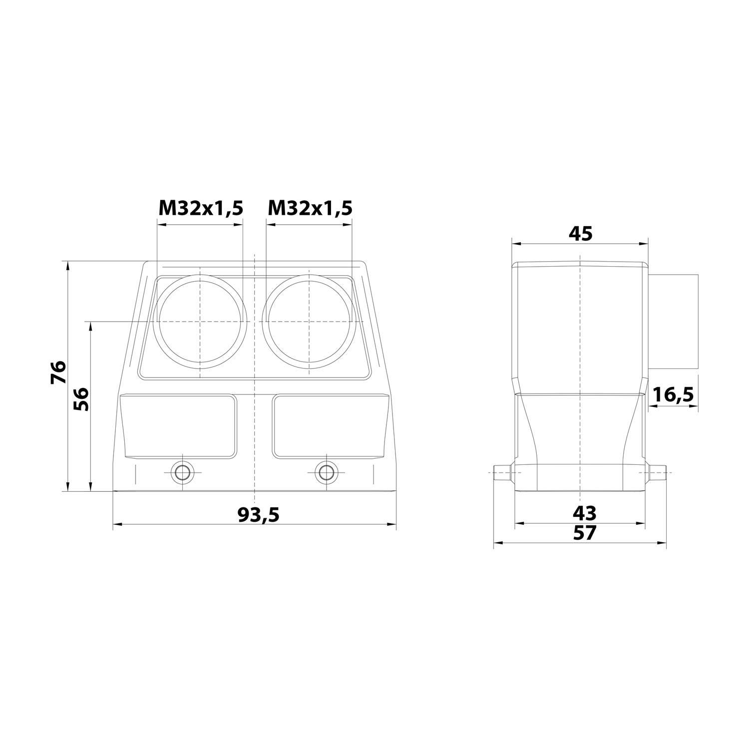 Technische Zeichnung einer mechanischen Komponente mit Maßen, einschließlich Messungen: 76, 93,5, 56, 45, 43, 16,5, M32x1,5.
