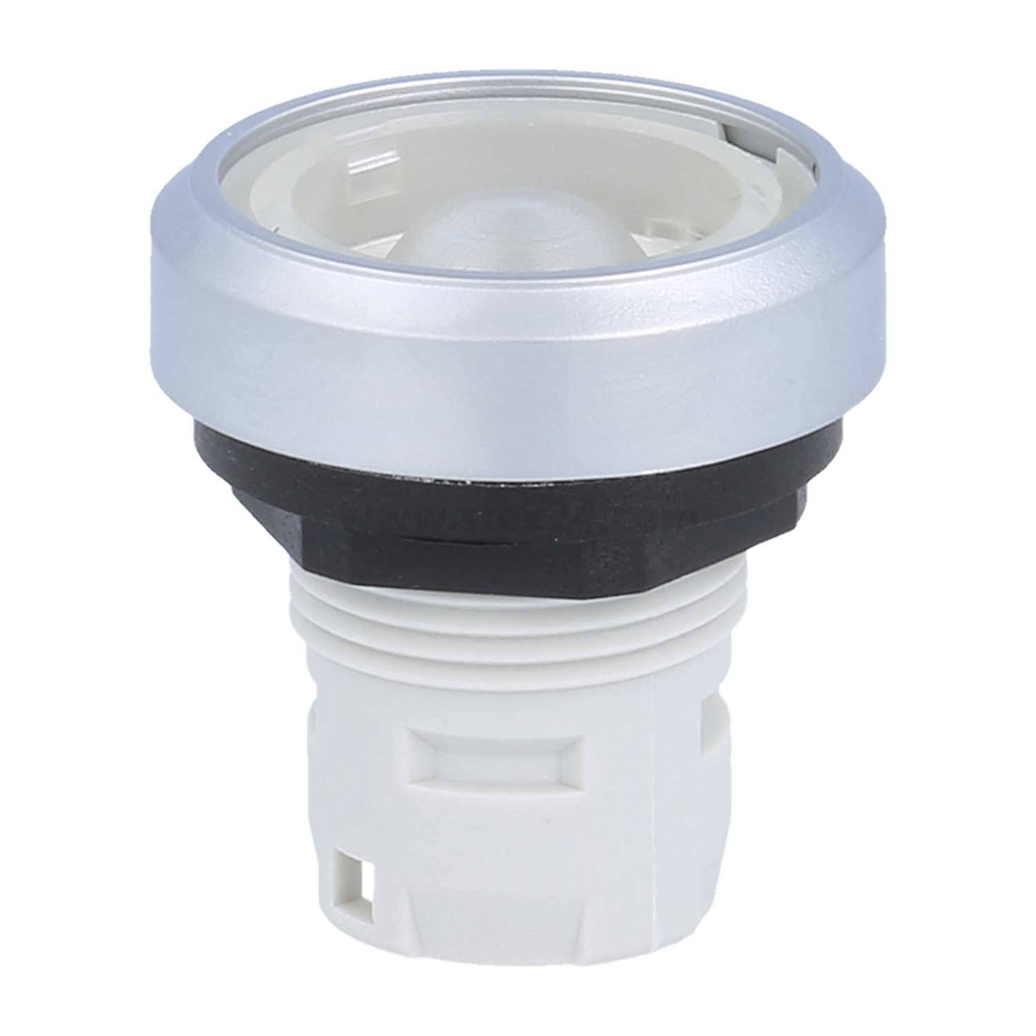 Eine Nahaufnahme eines kreisförmigen, metallischen Elektroschalters mit weißer Kunststoffbasis, wie er typischerweise in industriellen Kontrollpanels verwendet wird.