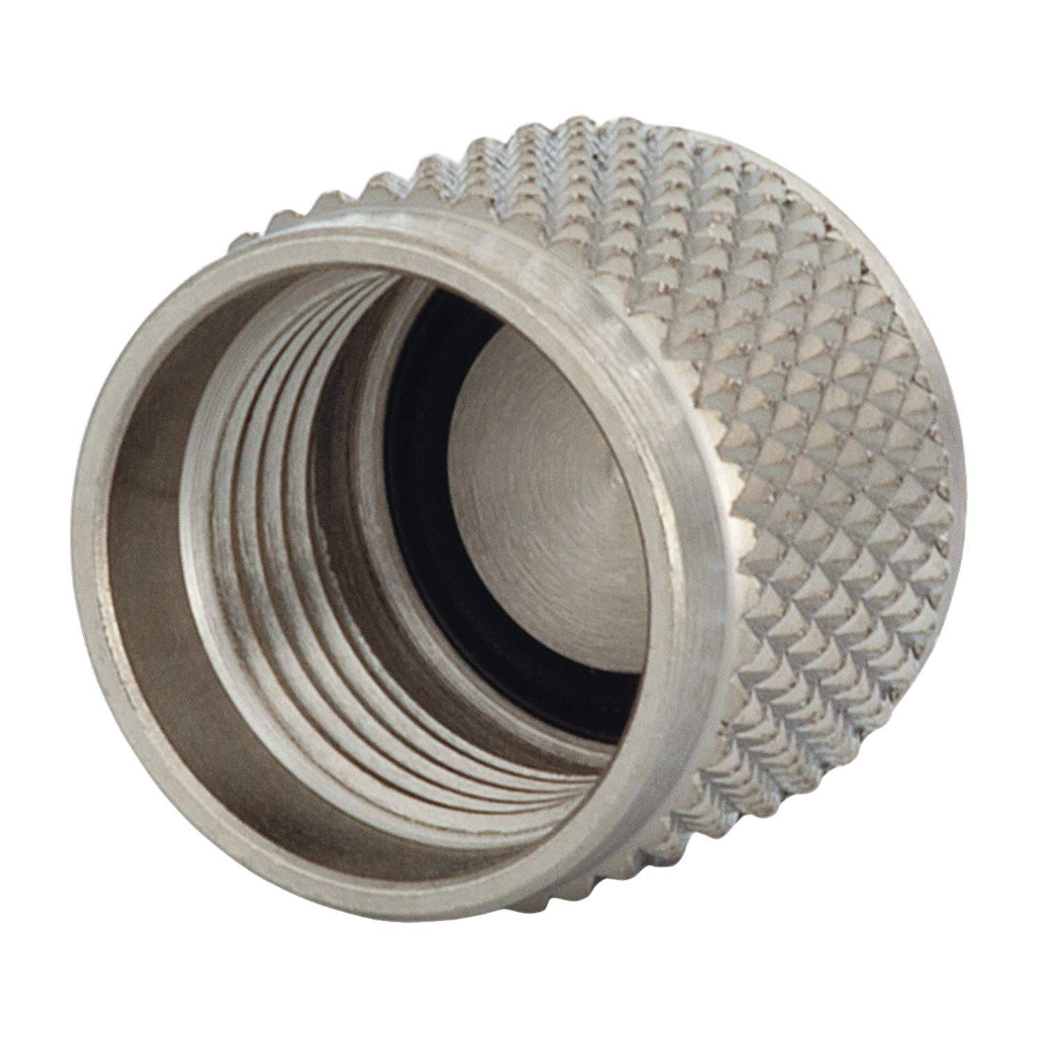 Metalladapter mit einer strukturierten, gerillten Außenoberfläche und Innengewinde, verwendet zur Verbindung von Rohren oder Schläuchen.