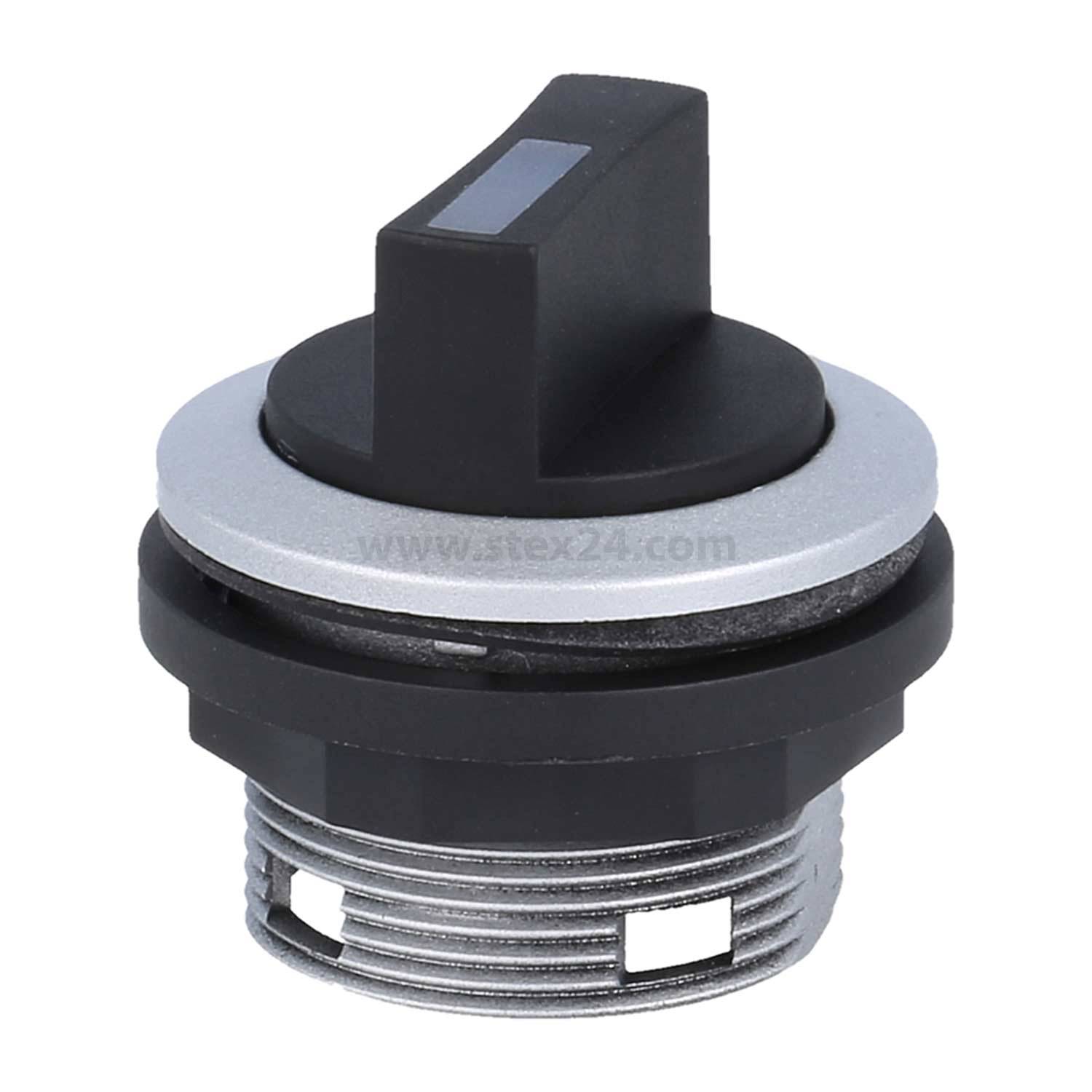 Schwarzer Drehschalter mit silberner Basis, versehen mit einer gerillten Griffoberfläche für manuelle Bedienung, wahrscheinlich verwendet in elektronischen oder industriellen Geräten.