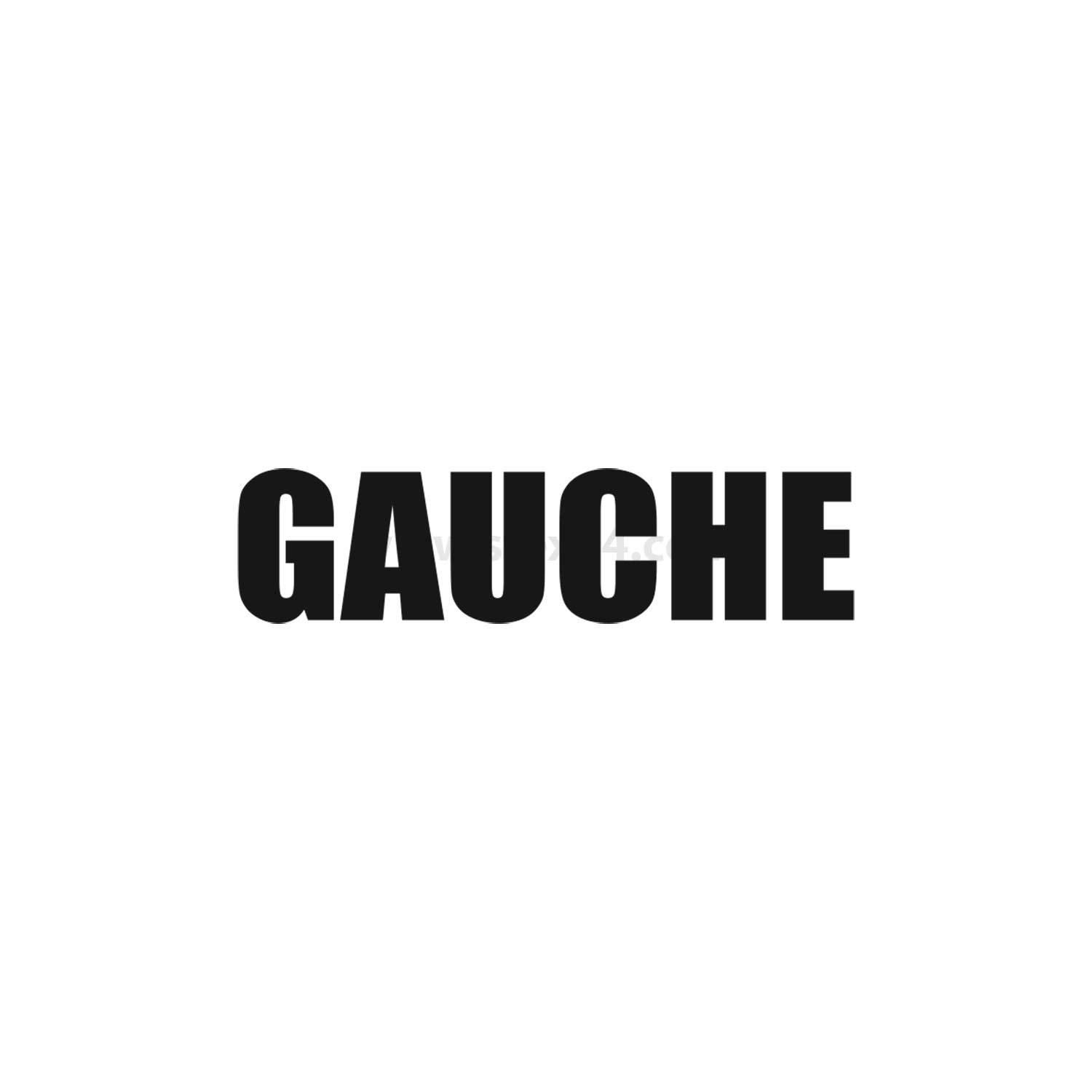 GAUCHE' in fetter schwarzer Schrift zentriert auf weißem Hintergrund.
