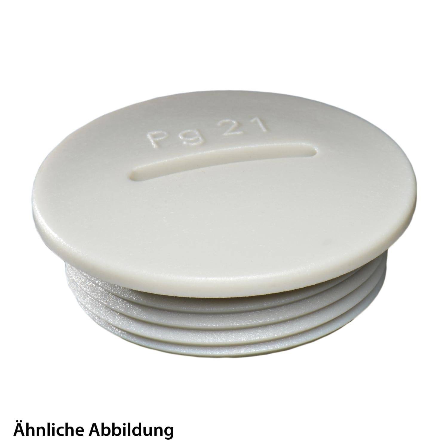 Ein weißer Plastikdeckel mit der Markierung 'Pg21', der an der Seite ein gerilltes Design aufweist. Text unten liest sich 'Ähnliche Abbildung'.