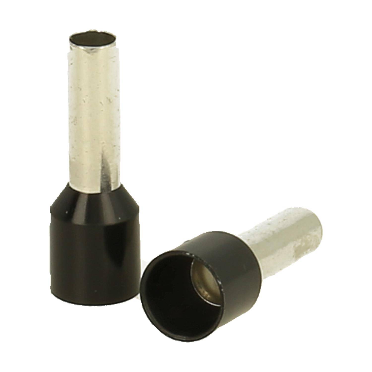Zwei schwarze Ferrule mit Metallenden, die zum Anschluss von Drähten an eine elektrische Klemme verwendet werden.