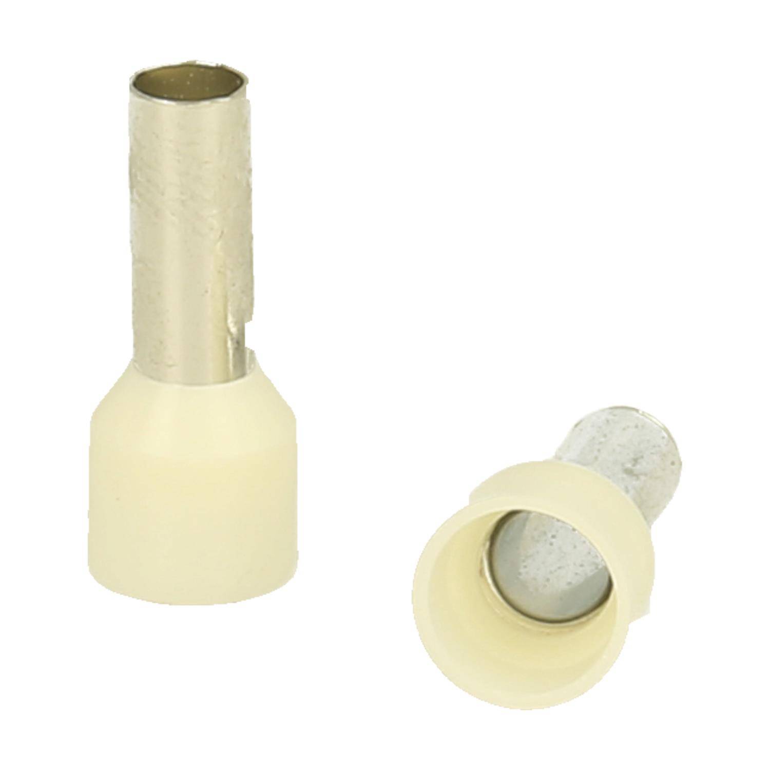 Zwei isolierte Ferrule, eine aufrecht stehend mit einer Metallröhre auf einer Plastikbasis, die andere liegend, wobei das Innere des Hohlraums sichtbar ist.