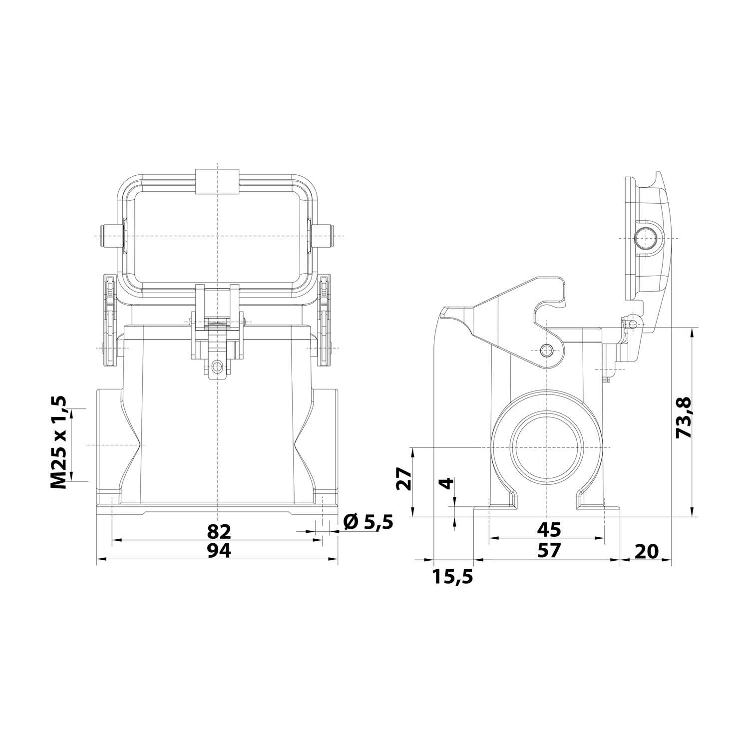 05300102269 HARTING Han 10B Sockelgehäuse hoch, 1xM25 seitlicher Kabelabgang, mit 1 Längsbügel mit Schutzkappe Metall -