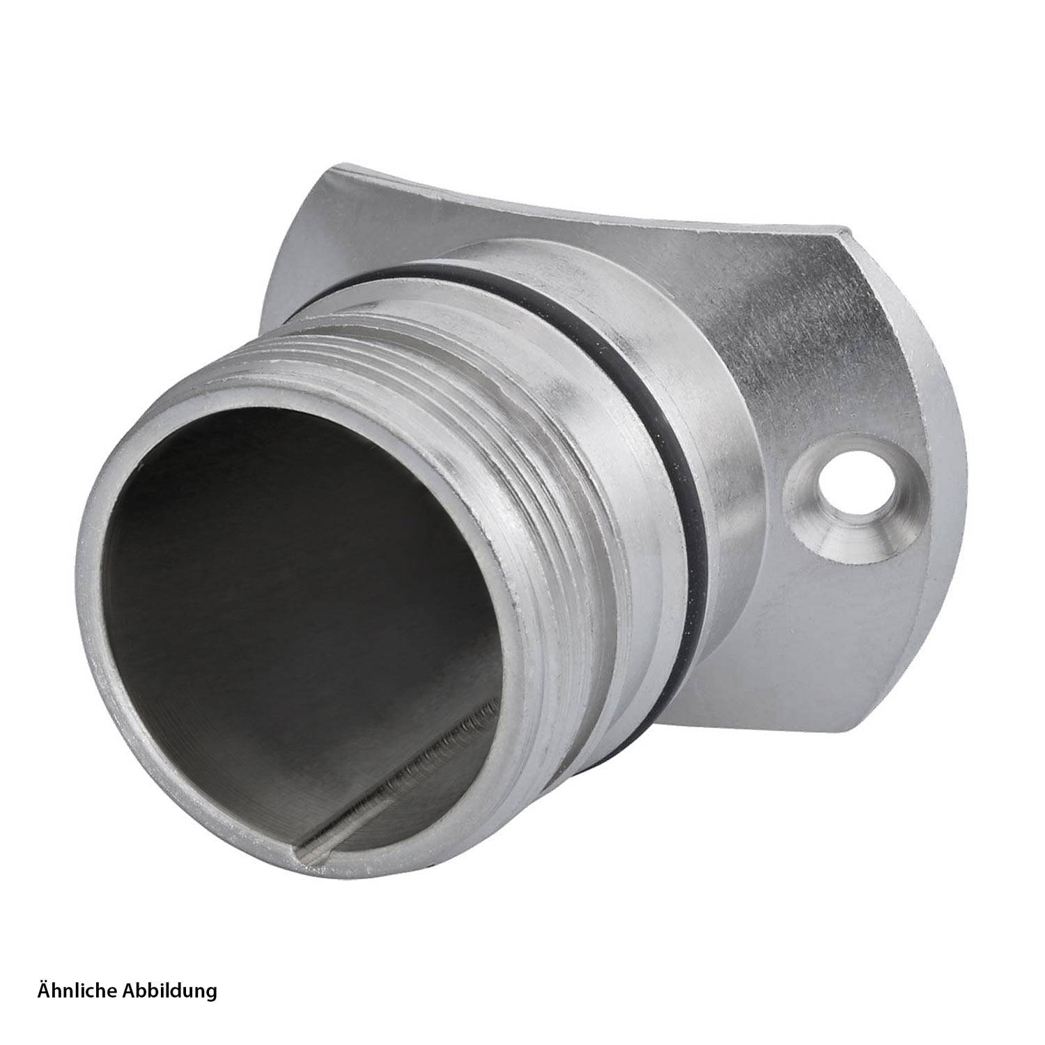 Eine Metallkomponente mit zylindrischer Form und Flansch, die eine kreisförmige Bohrung und Rillen entlang ihres Körpers aufweist, höchstwahrscheinlich Teil einer mechanischen Baugruppe.