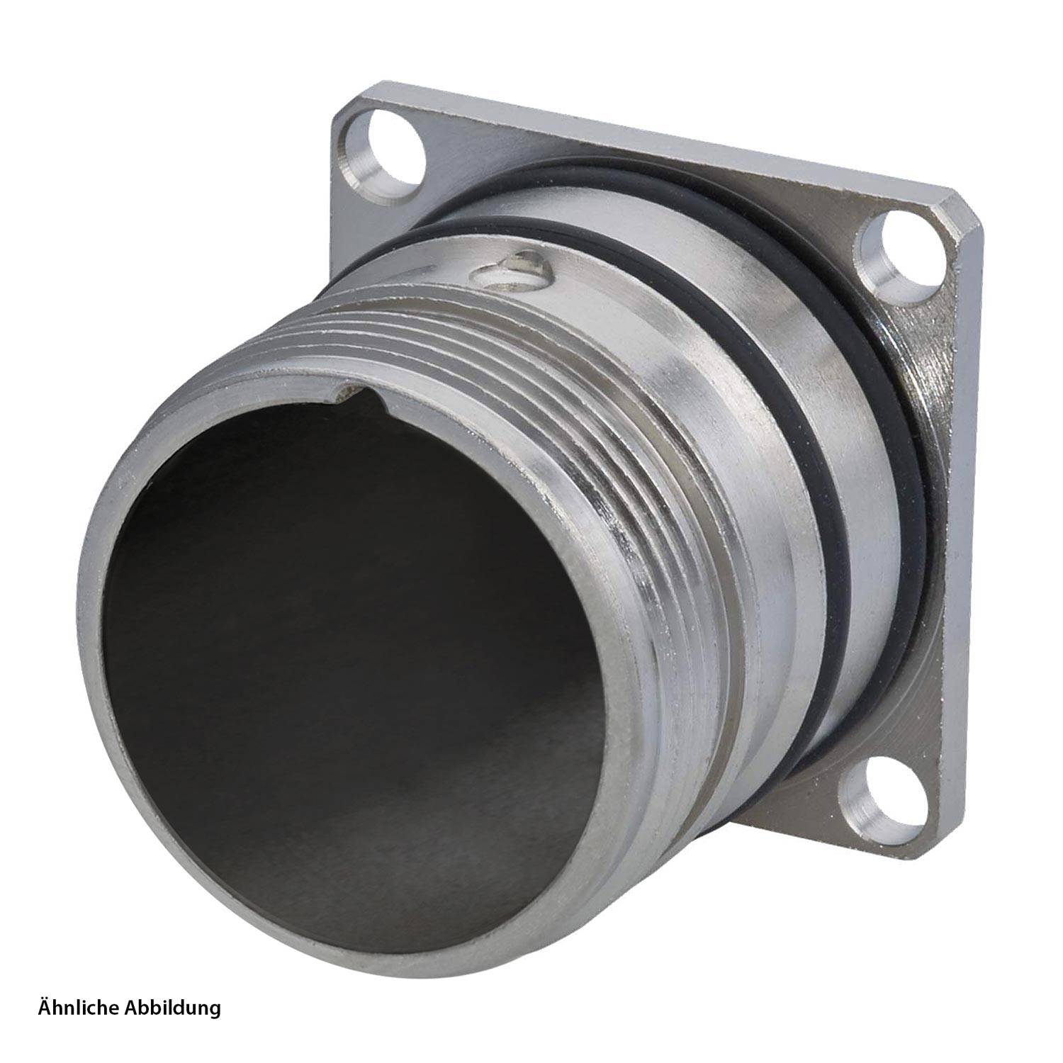 Ein zylindrischer Metallverbinder mit Gewindeoberfläche und vier-Loch-Flansch, der zum Verbinden von Kabeln oder Rohren verwendet wird.
