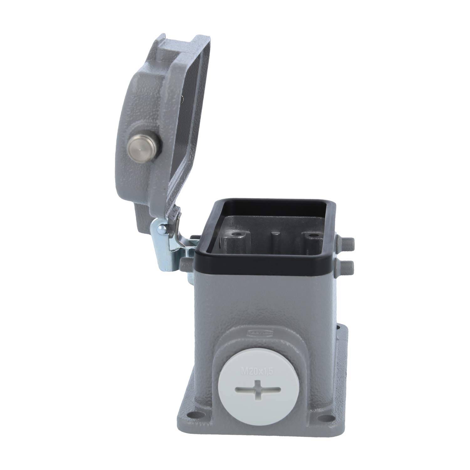 Elektrisches Gehäuse mit nach oben aufklappbarem Deckel, typischerweise zur Unterbringung von Anschlüssen oder Steckdosen verwendet, mit einer verschließbaren Vorrichtung.