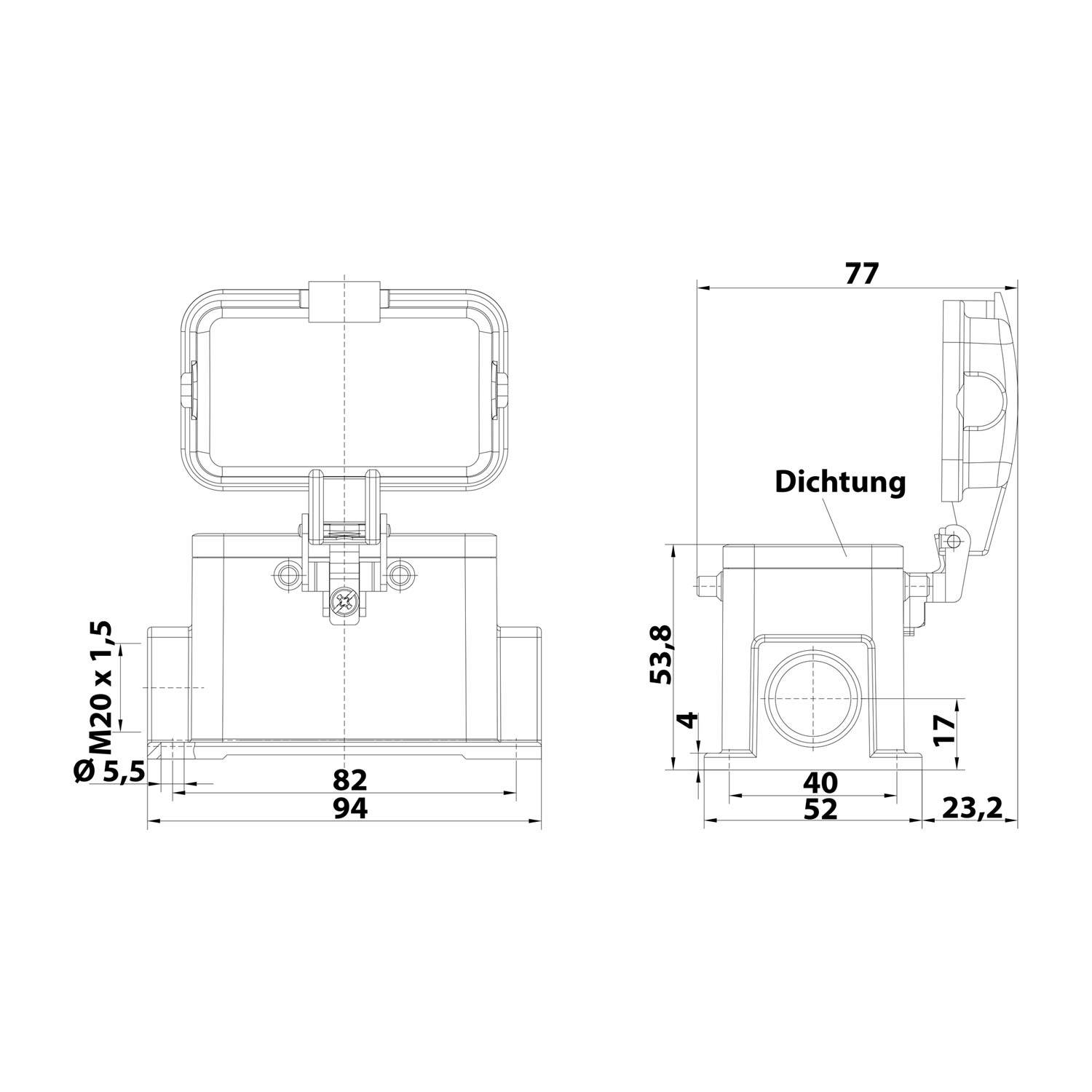 Technische Zeichnung einer Komponente mit Maßangaben: Grundfläche 94x82, Höhe 77 und weitere Abmessungen. Beschriftung 'Dichtung' an der Seitenansicht.