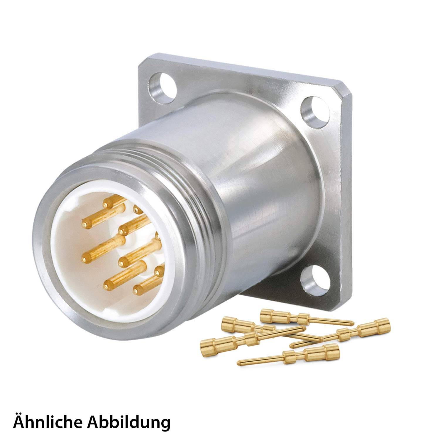 Aus der PCB-Buchse der Serie MIL-DTL-38999-G sind sechs goldene Kontakte zu sehen. An der Seite liegen sechs goldene Steckverbinderstifte.
