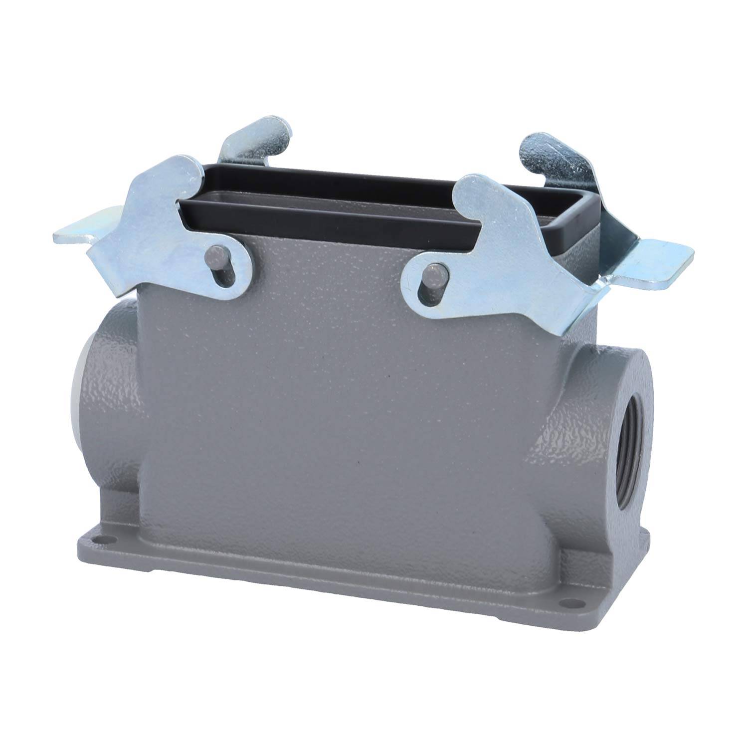 Ein robustes graues Metallgehäuse für elektrische Komponenten mit zwei Klemmhebeln oben, konzipiert für sichere Kabelverbindungen in industriellen Umgebungen.