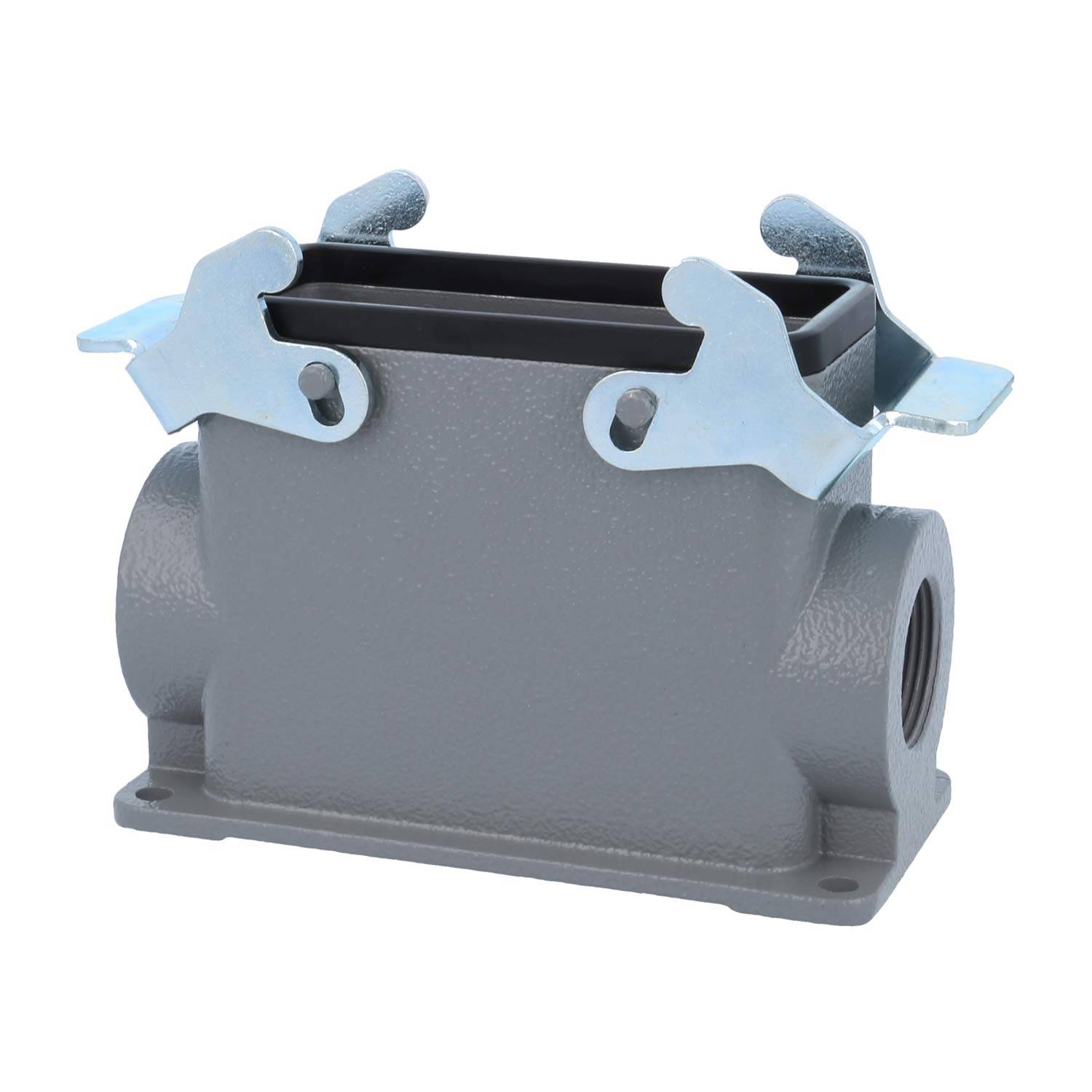 Ein grau-industrielles Anschlussgehäuse mit Metallverriegelungen oben, entwickelt für sichere elektrische oder mechanische Verbindungen.