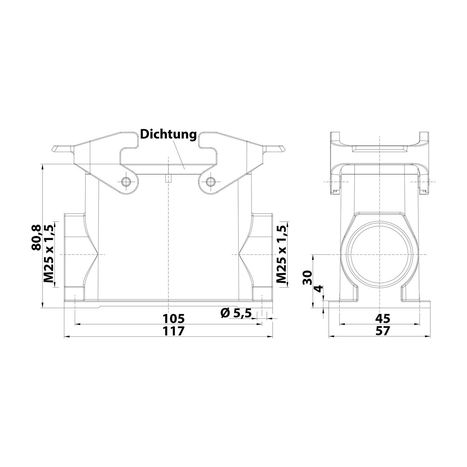 Technische Zeichnung einer Komponente mit Maßangaben. Der Hauptzylinder misst 105 mm x 117 mm. Markierte Elemente umfassen Dichtung und M25 x 1.5.