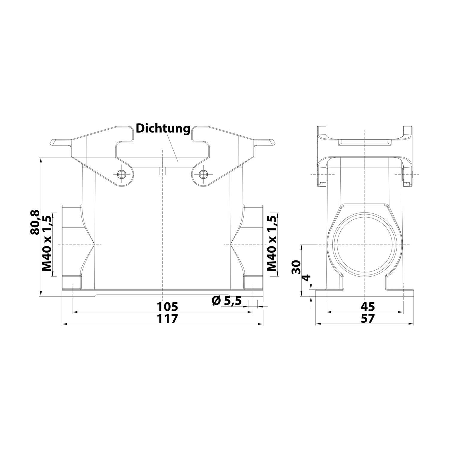 04300160272 HARTING Han 16B Sockelgehäuse hoch, 2xM40 seitlicher Kabelabgang, mit 2 Querbügeln Verschraubung M40