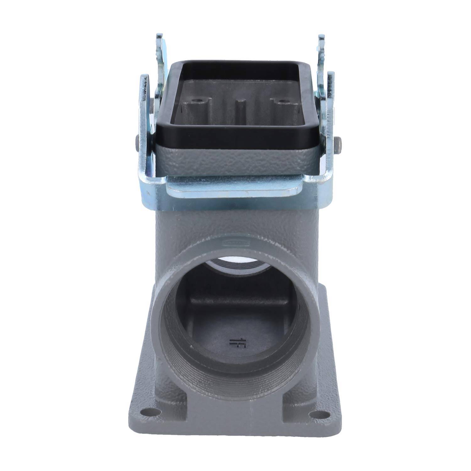 Industrielles Metallbauteil mit rechteckiger Oberfläche und kreisförmiger Basis, verwendet in mechanischen oder technischen Anwendungen.