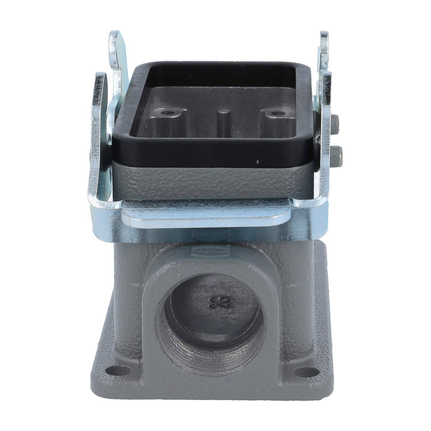 Rechteckiges Metallmechanikteil mit einer verschraubten Aufnahme an der Oberseite. Wirkt industriell mit einer robusten, grauen Metalloberfläche.