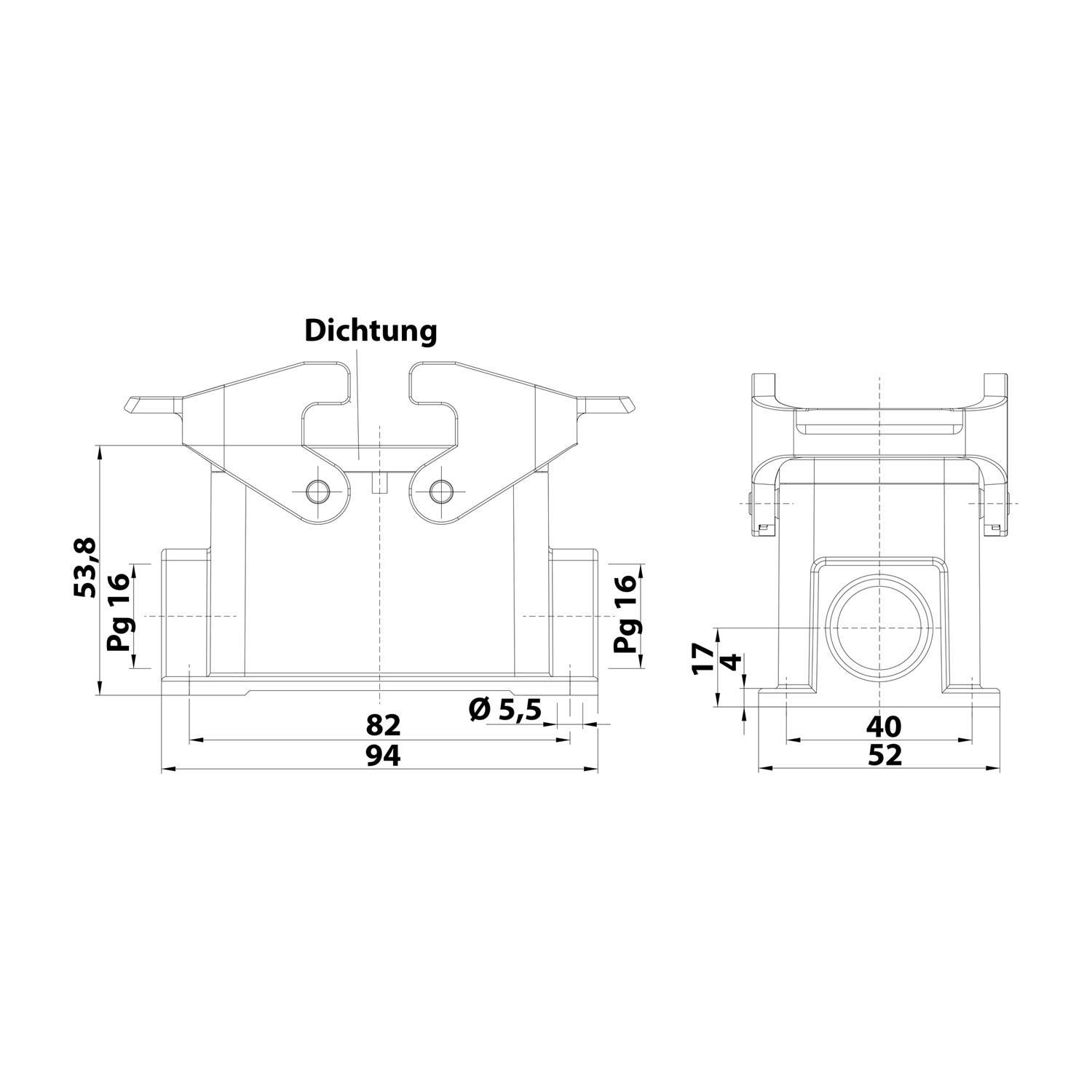 Technische Zeichnung eines Bauteils mit Abmessungen: 82 mm Breite, 94 mm Durchmesser, 53,8 mm Höhe, gekennzeichnet als 'Dichtung'.