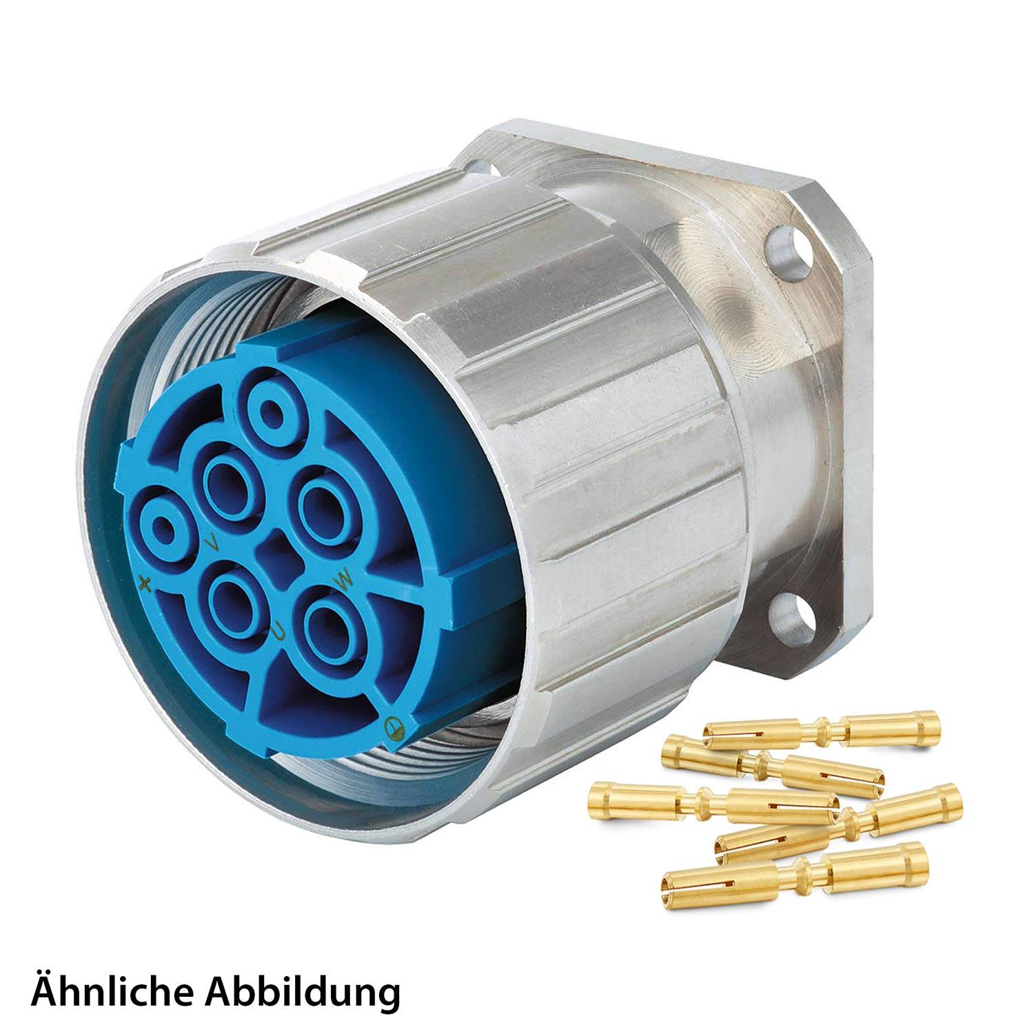 Ein 6-poliger industrieller Elektroverbinder mit blauem Innenbereich, silberner Außenseite und begleitenden goldenen Kontakten. Text lautet: Ähnliche Abbildung.
