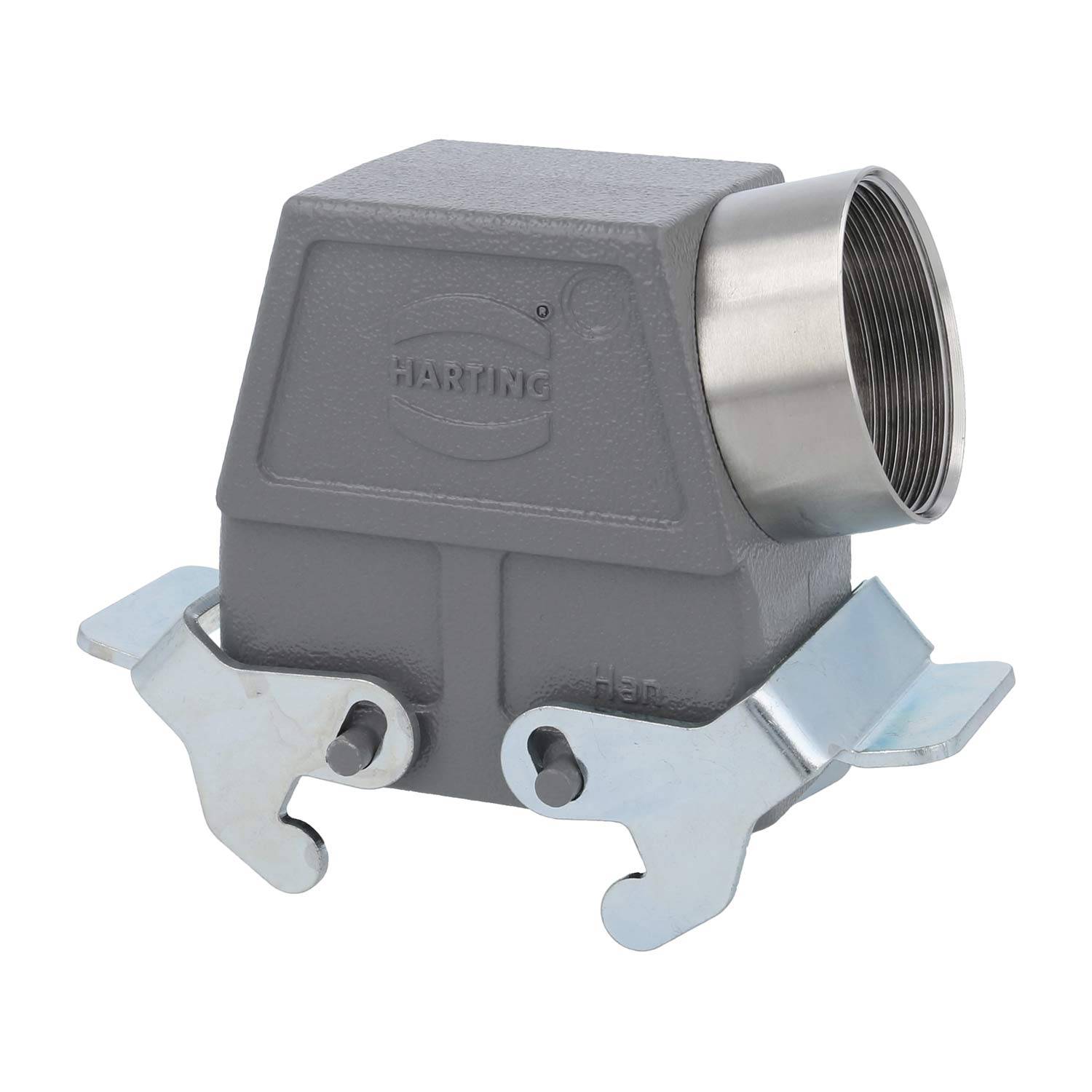 Ein industrielles Anschlussgehäuse mit metallischem Gewinde, grau in der Farbe, mit dem auf seiner Seite geprägten Markennamen 'Harting'.