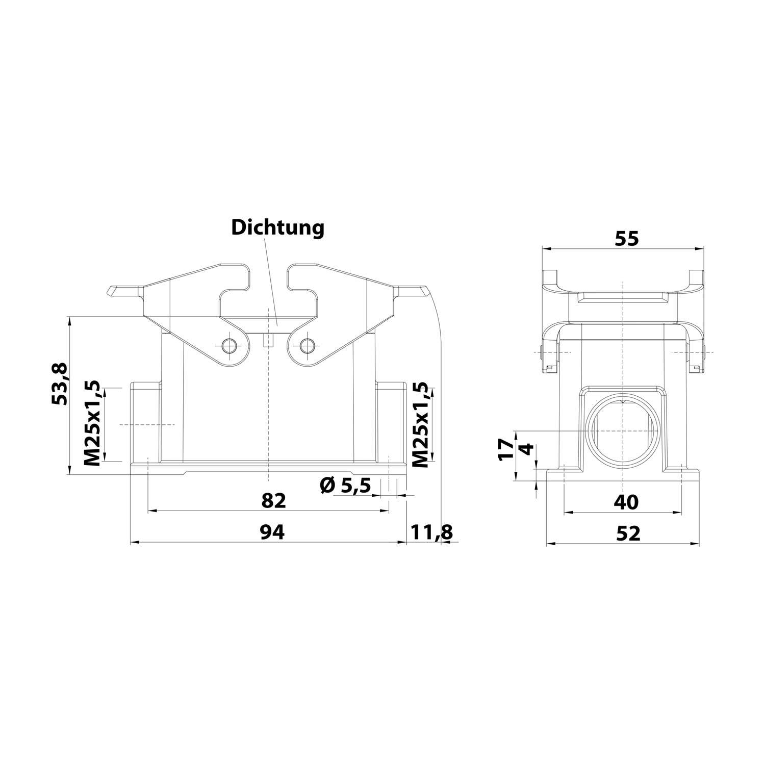 04300101233 HARTING Han 10B Sockelgehäuse niedrig, 2xM25 seitlicher Kabelabgang, mit 2 Querbügeln Verschraubung M25
