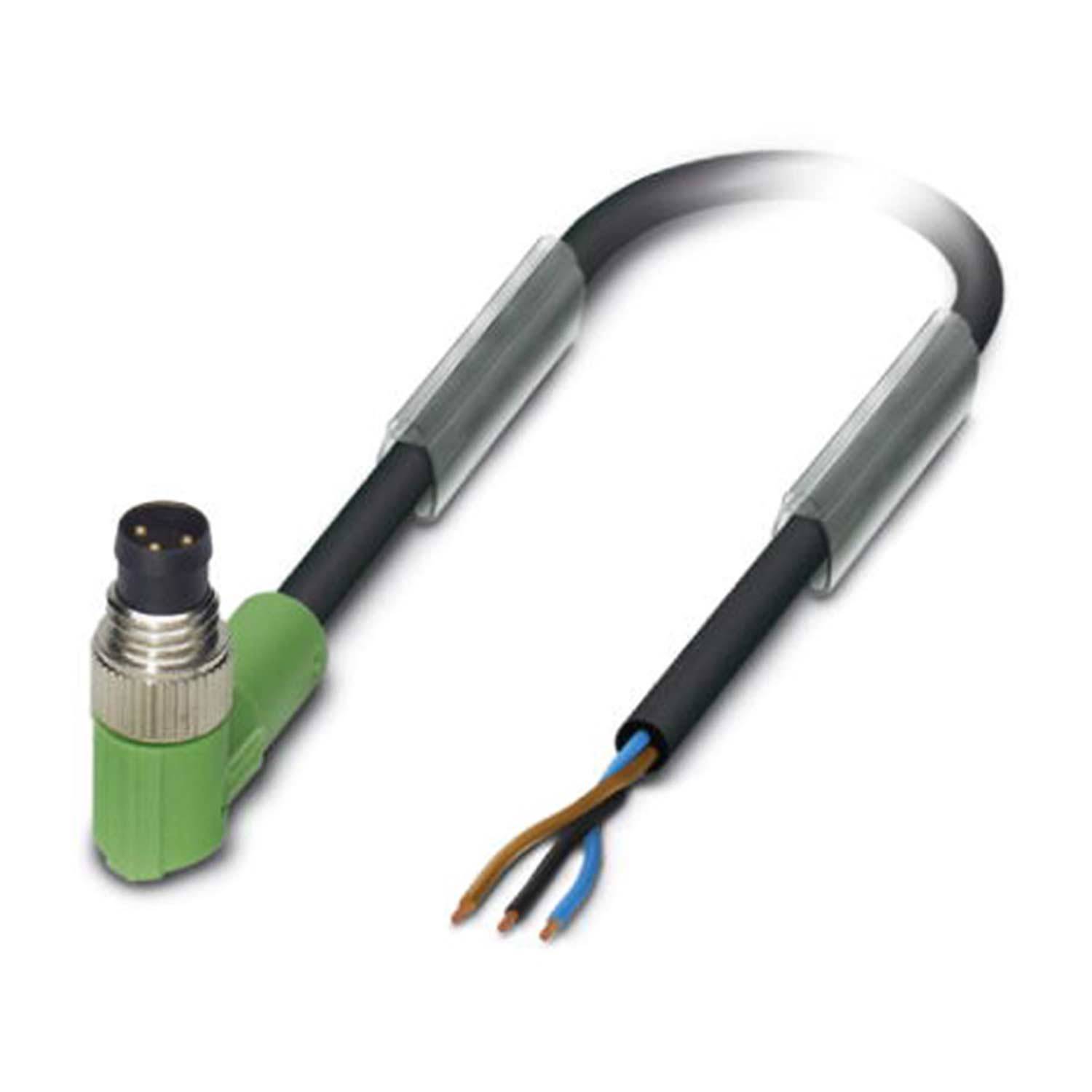 Ein grüner Winkelverbinder mit schwarzem Kabel und freigelegten Drähten, die an einem Ende braune und blaue Leitungen zeigen.