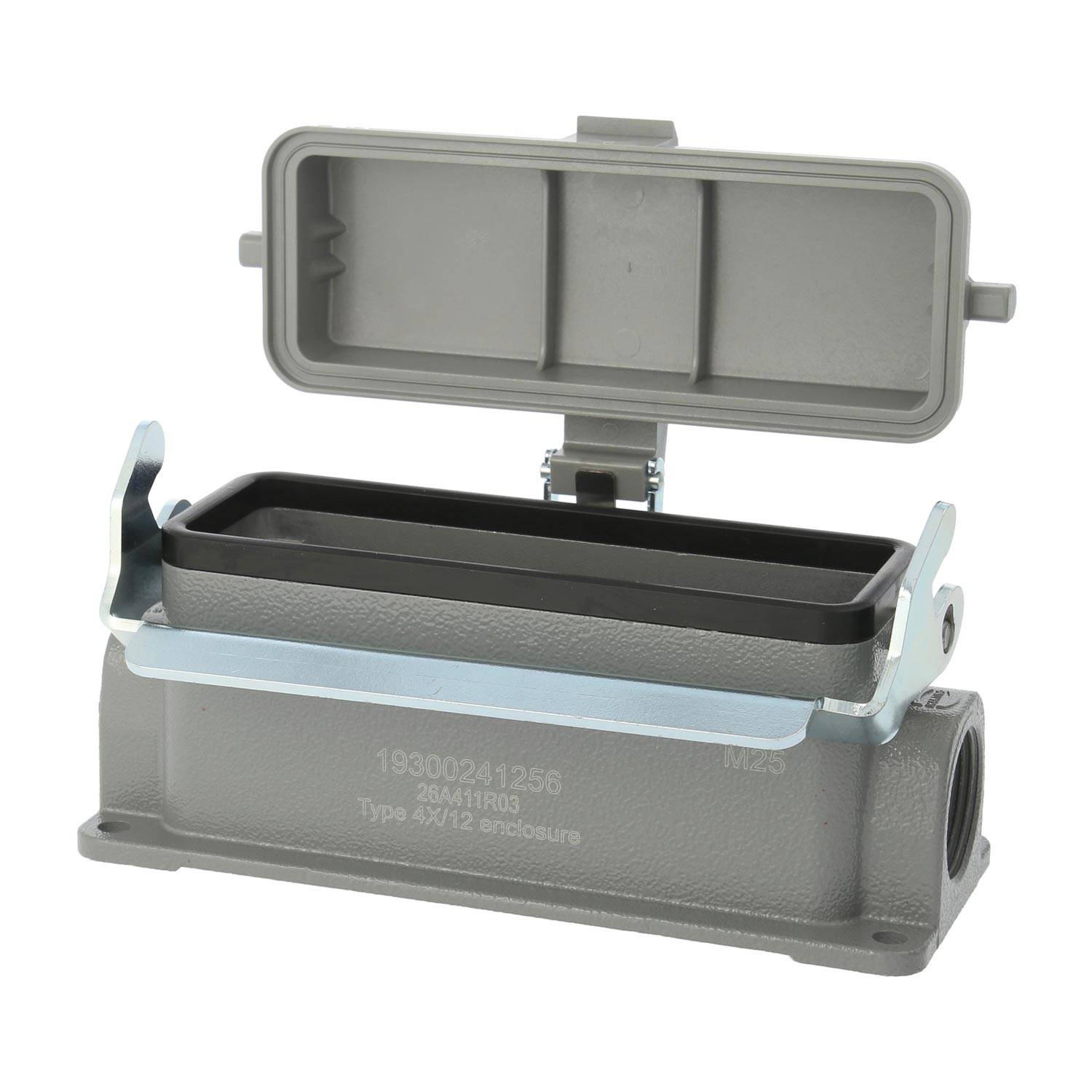 04300241256 HARTING Han 24B Sockelgehäuse niedrig, 1xM25 seitlicher Kabelabgang, mit 1 Längsbügel mit Schutzkappe